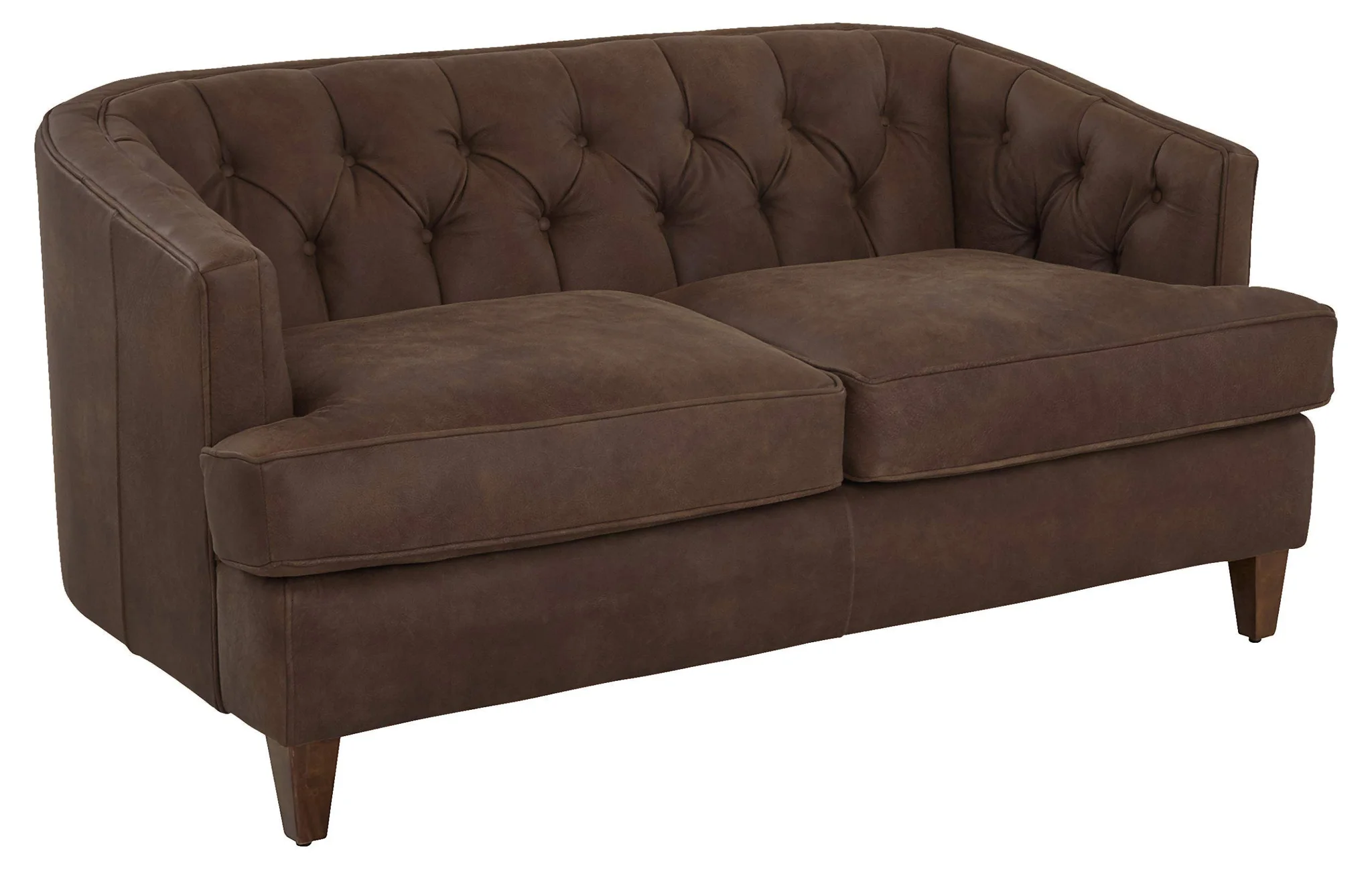 Tufted Leather Loveseat Sofa with Barrel Back and Walnut Legs