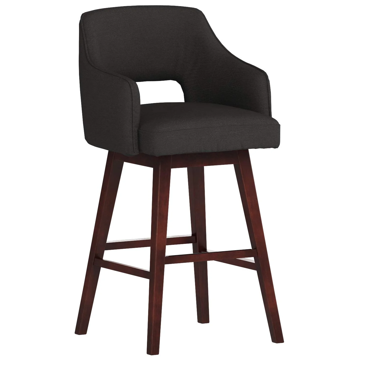 Mid-Century Modern Open Back Swivel Bar Stool – Charcoal Fabric & Walnut Wood