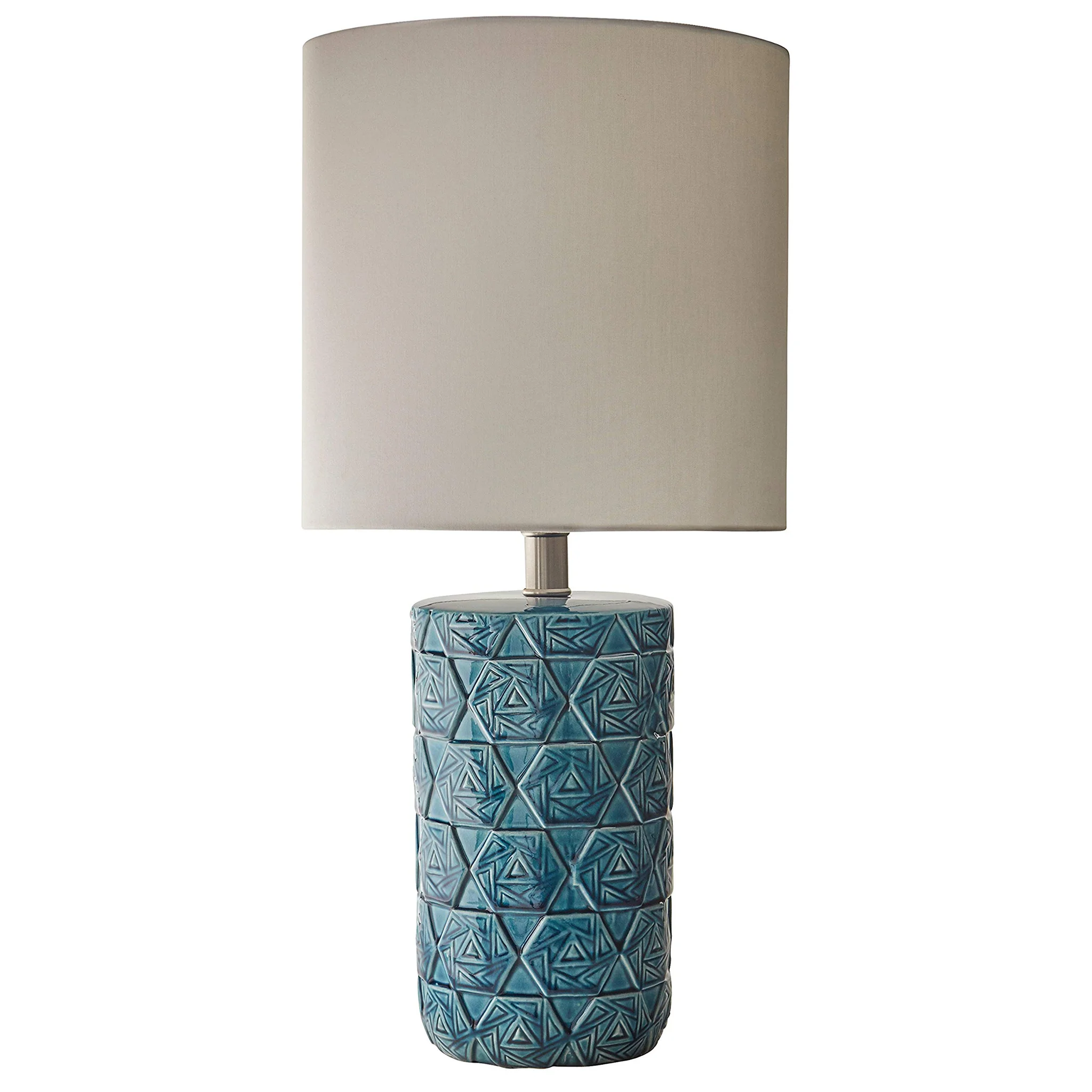 Geometric Ceramic Table Lamp with Fabric Drum Shade – Ocean Blue