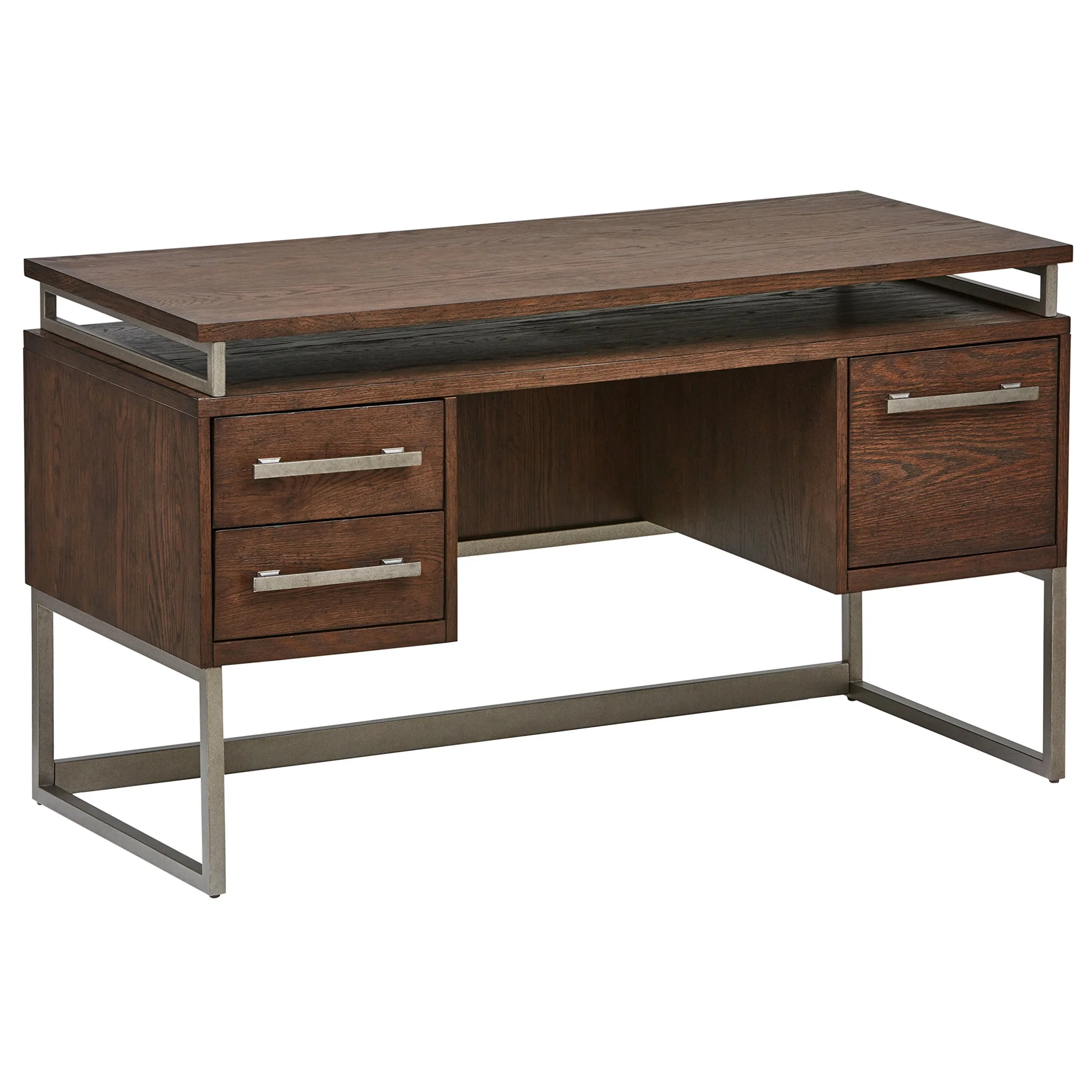 Mid-Century Industrial Office Desk with Drawers – Oak Veneer & Pewter Metal Base