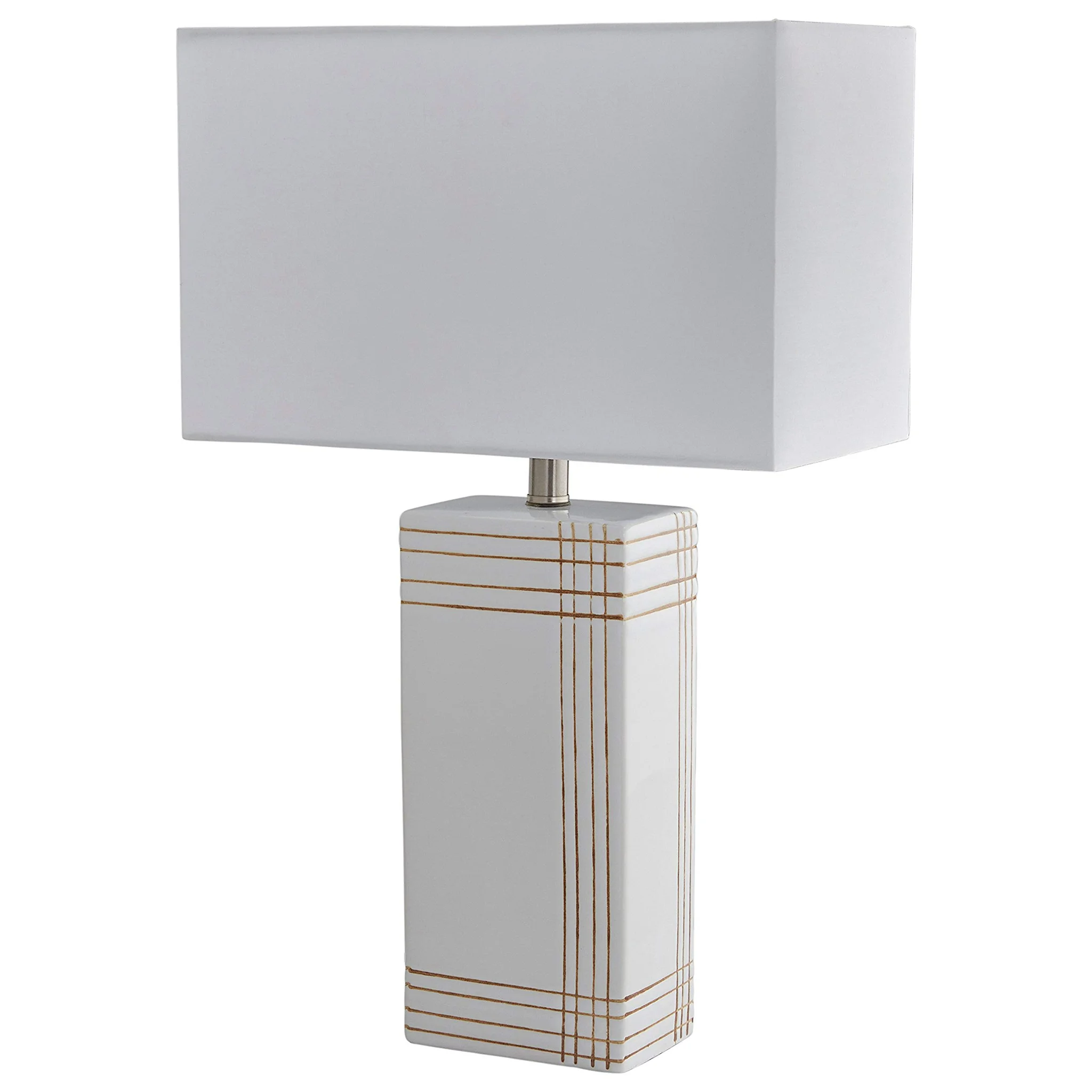 Modern Ceramic Table Lamp with Gold Grid Lines and White Fabric Shade