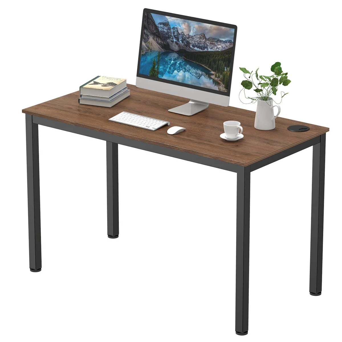 Modern Home Office Computer Desk with Walnut Wood Top and Black Metal Frame