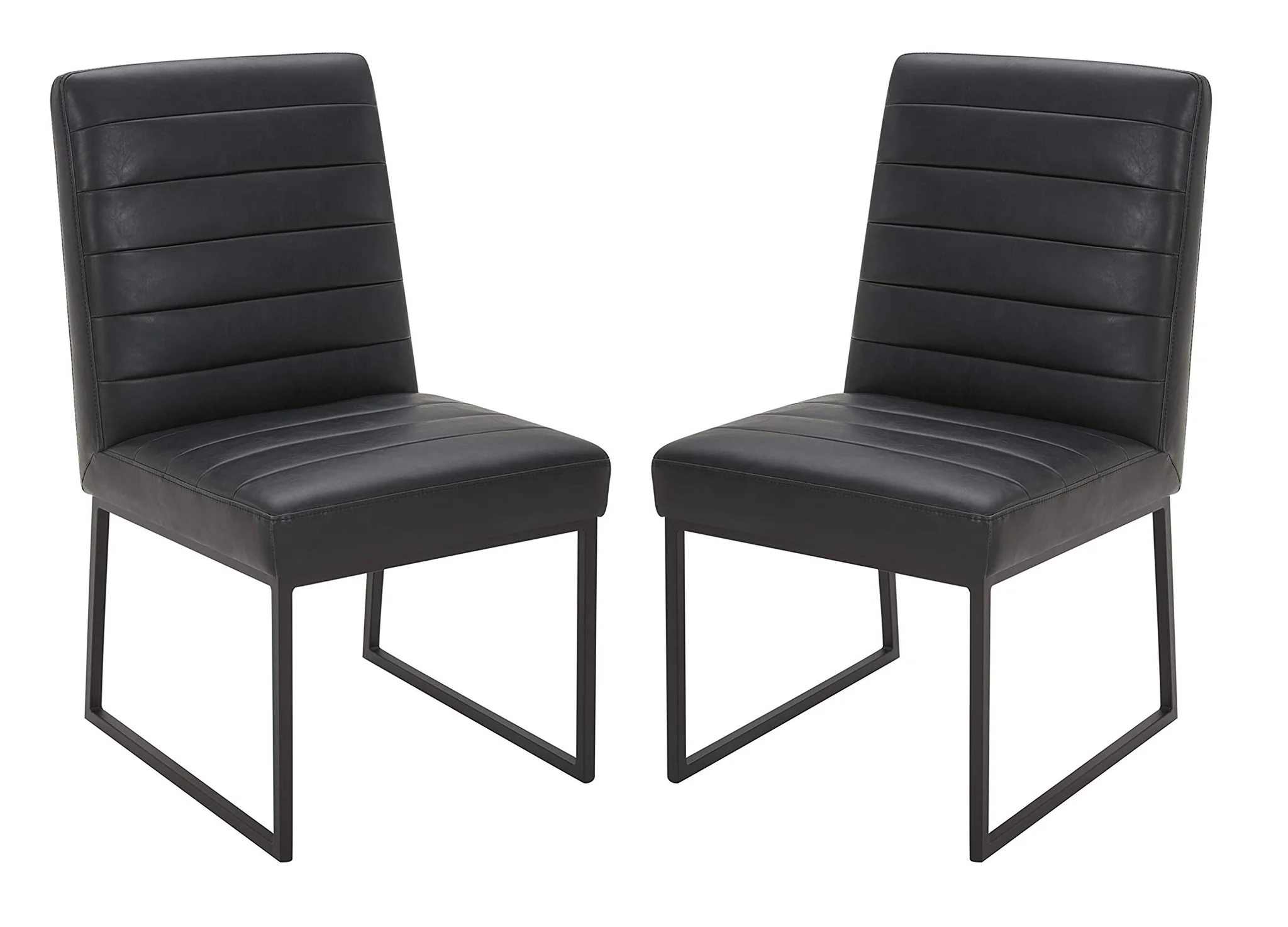 Modern Black Faux Leather Channel-Tufted Dining Chair with Metal Sled Base (Set of 2)