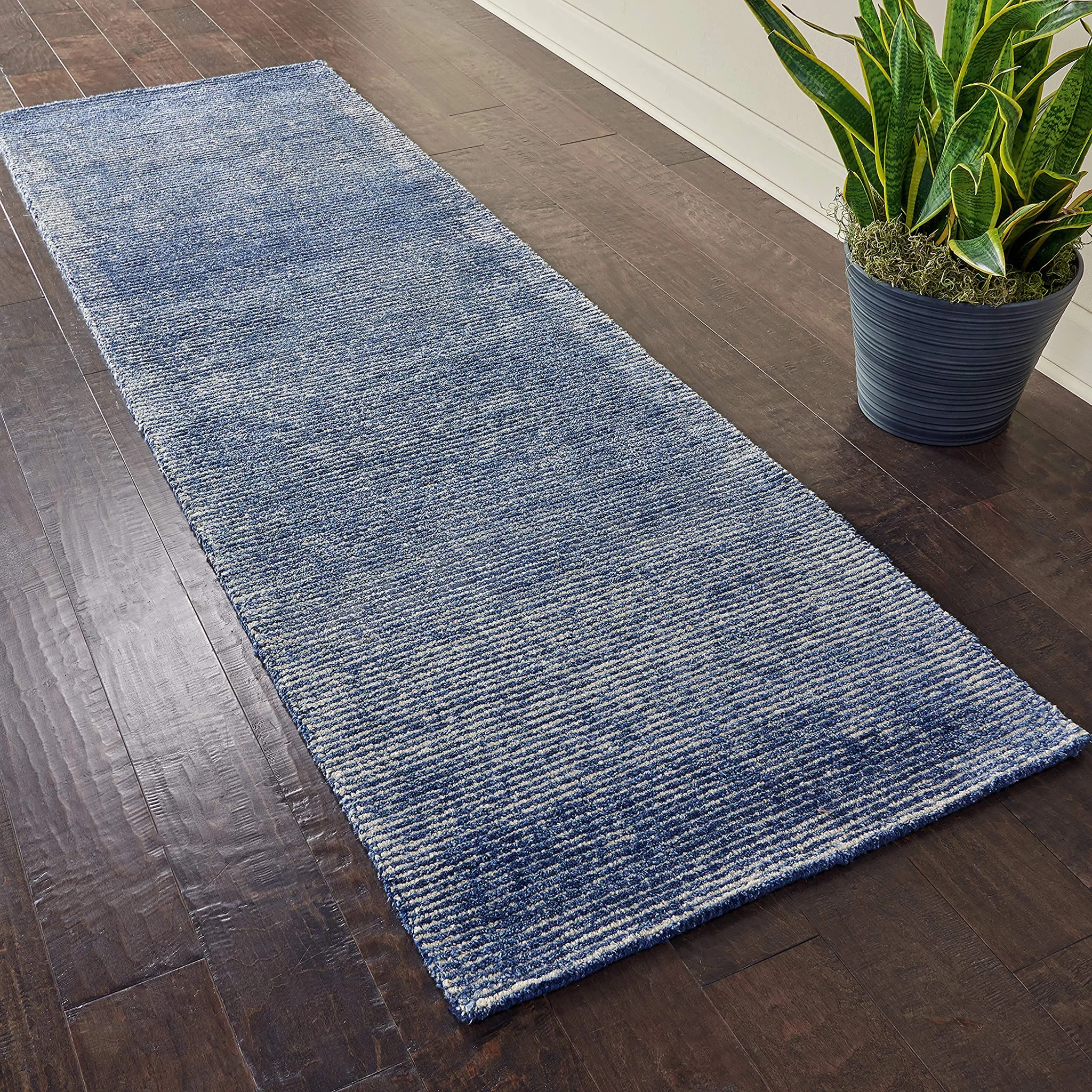 Blue Striated Jute Runner Rug – Contemporary Handwoven Textile