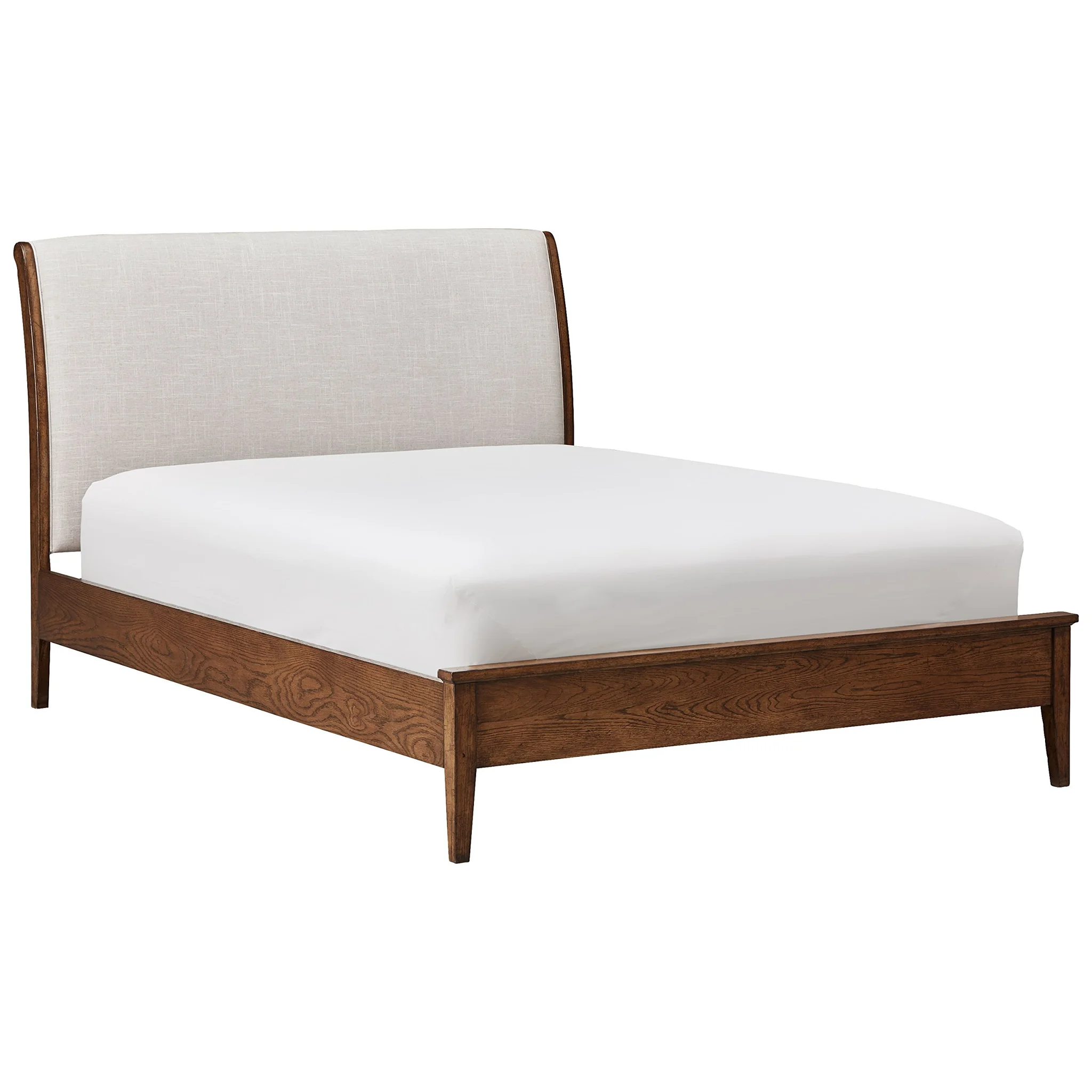 Mid-Century Modern Upholstered King Platform Bed – Toffee Oak Wood Frame