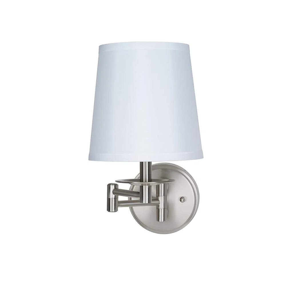 Brushed Nickel Swing Arm Wall Sconce with White Linen Shade