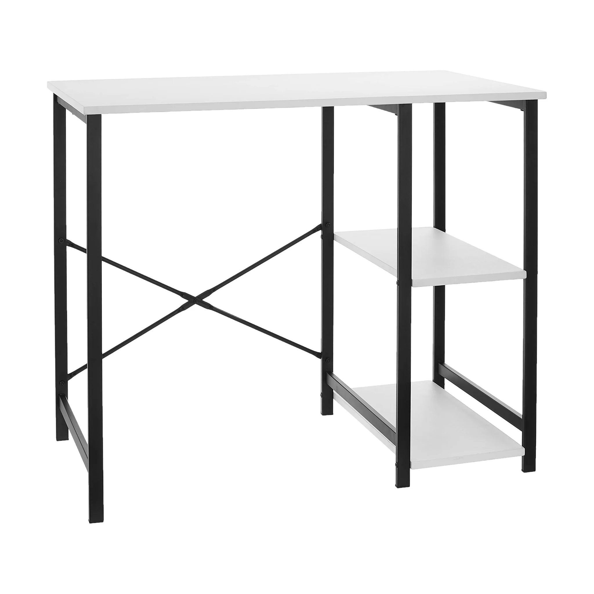 Modern Home Office Desk with Side Shelves – White & Black Metal Frame
