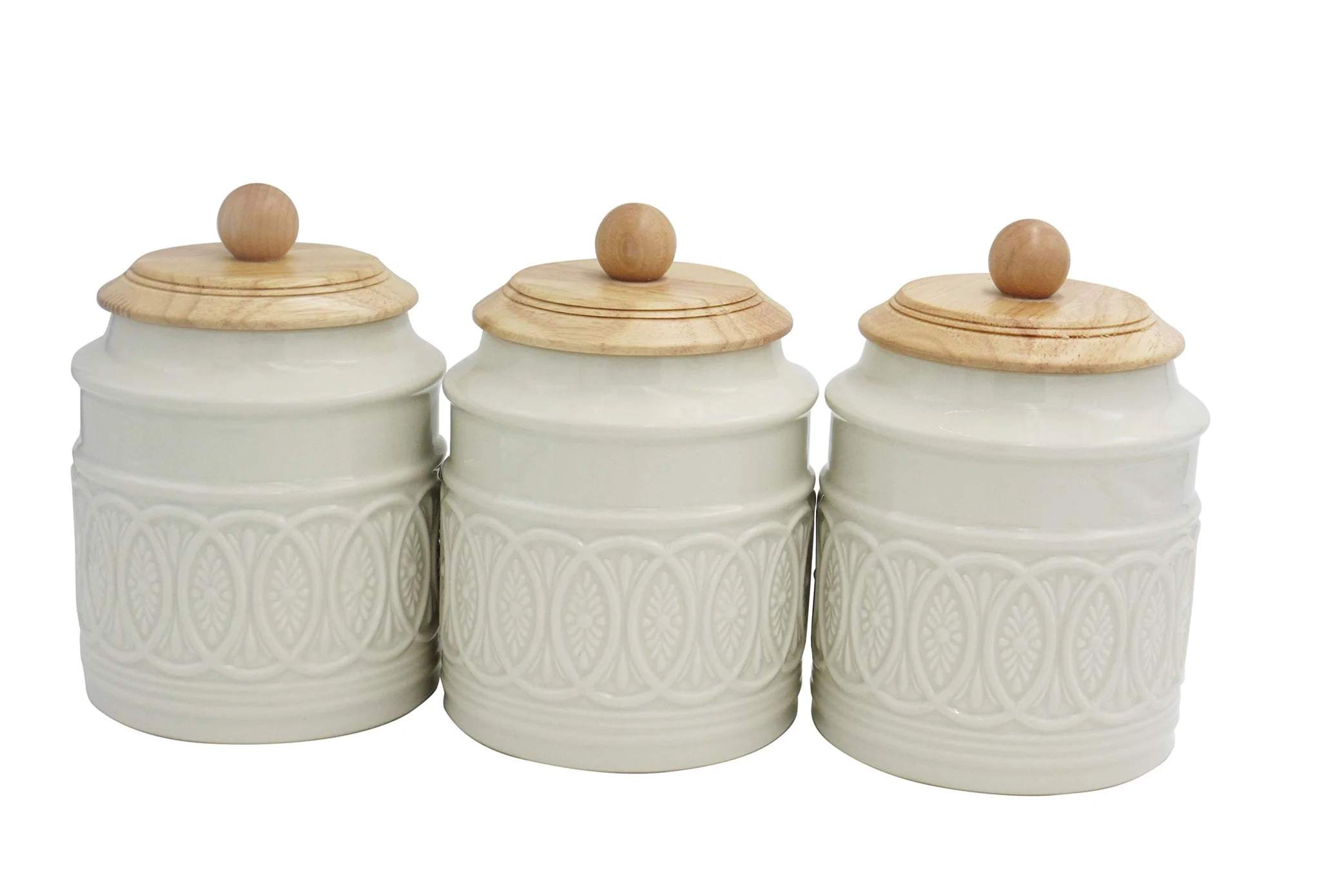 Ceramic Canister Set with Wooden Lids – 3-Piece Filigree Stoneware Kitchen Storage