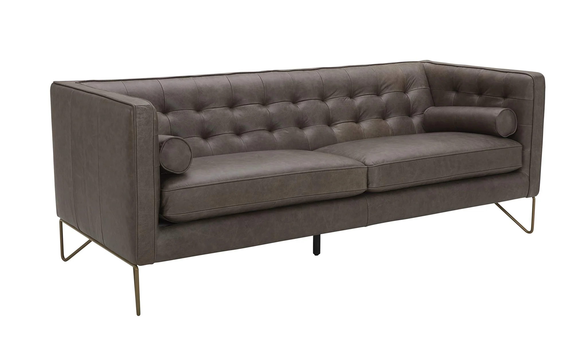 Mid-Century Modern Tufted Leather Sofa with Brass Legs