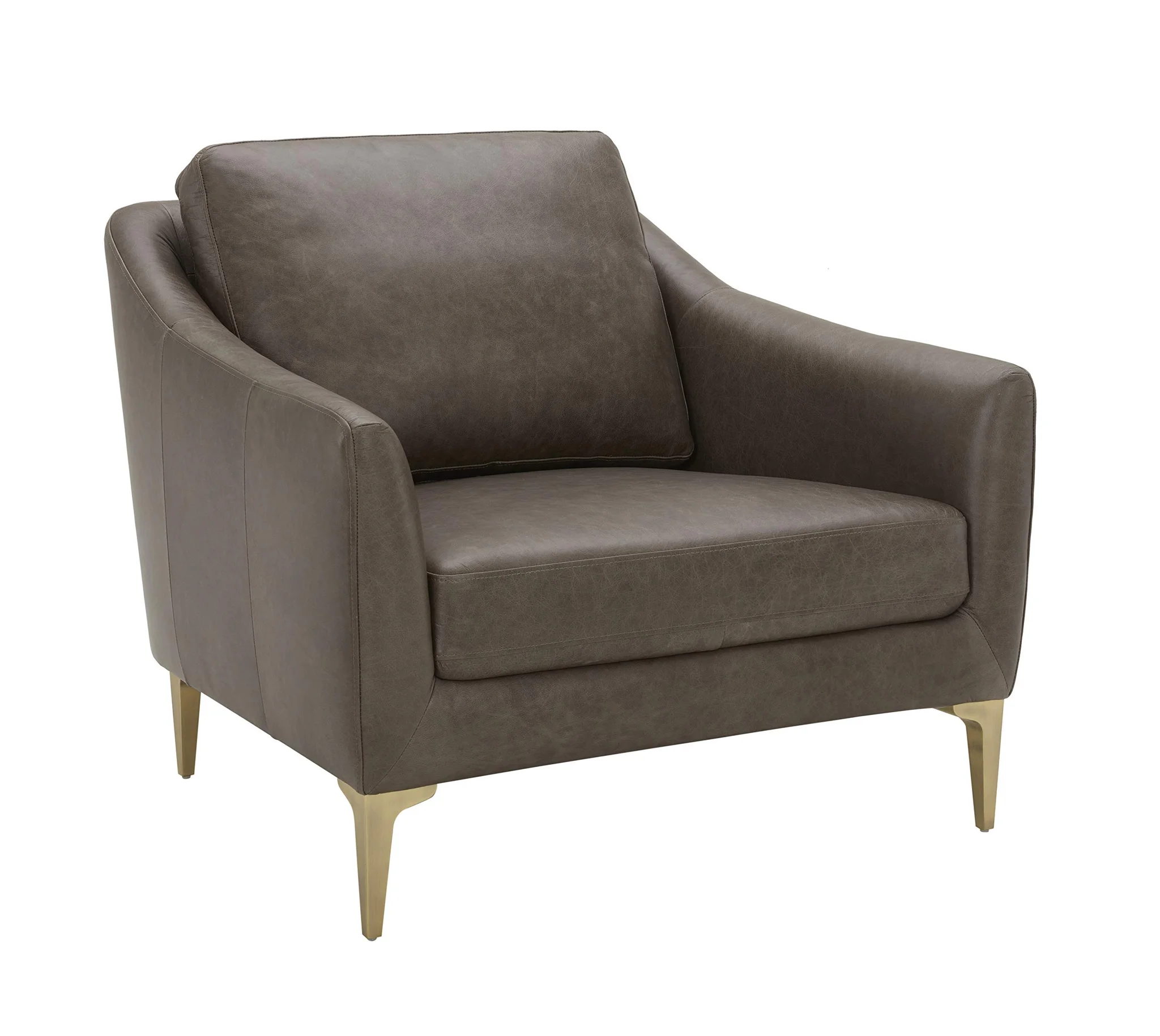 Contemporary Grey Leather Accent Armchair with Brass Legs