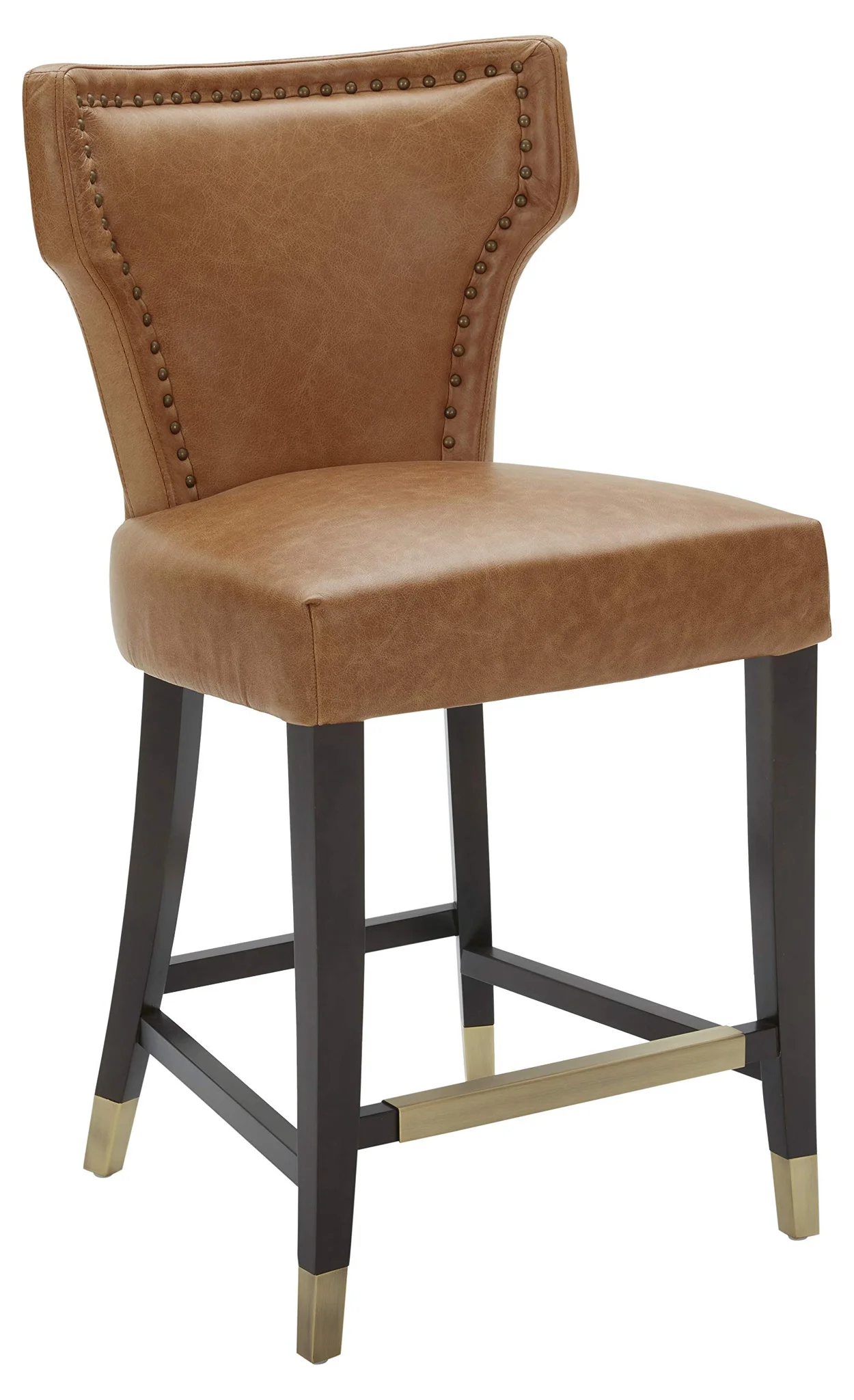 Cognac Leather Counter-Height Barstool with Brass Nailhead Trim
