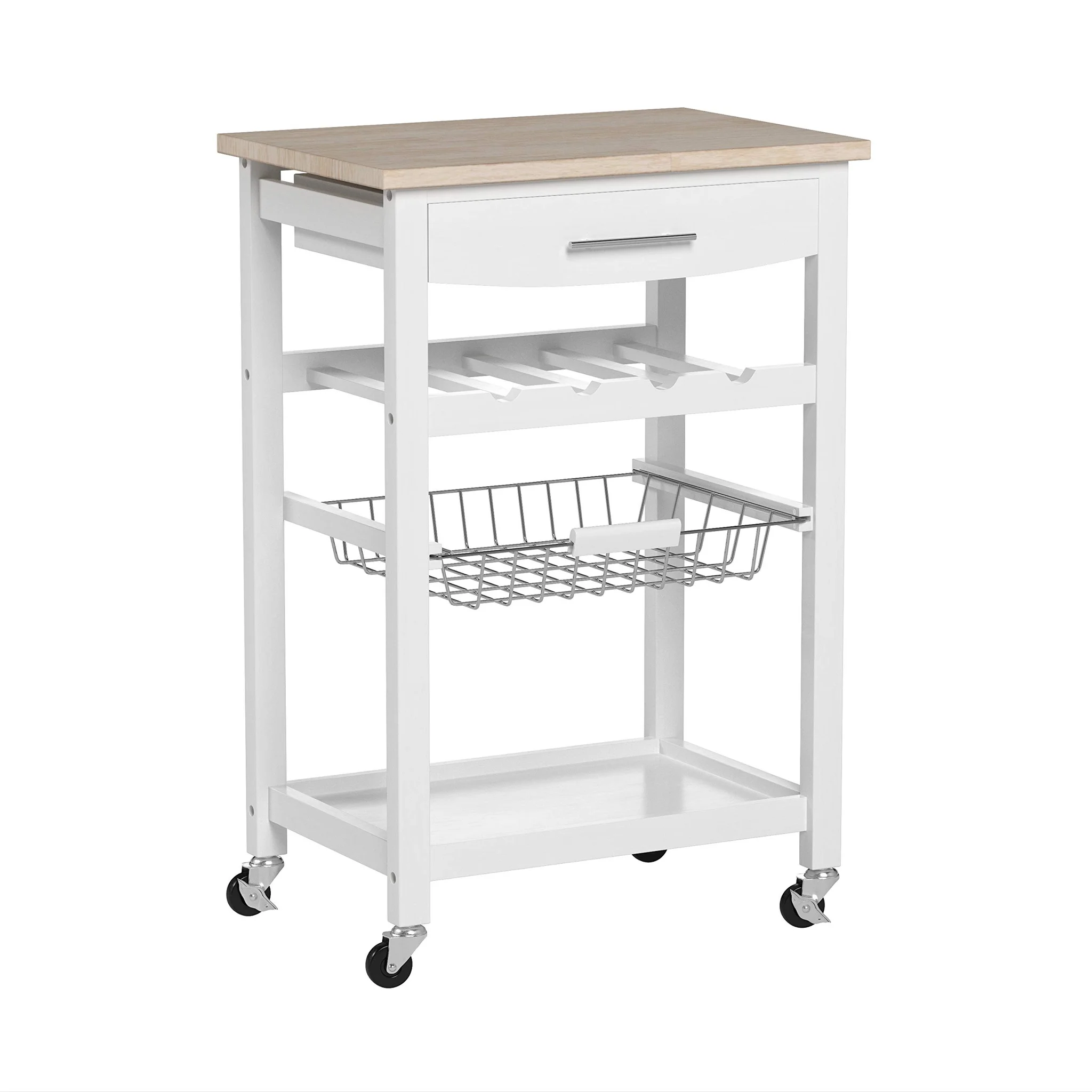 White Kitchen Cart with Wood Top and Storage Shelves