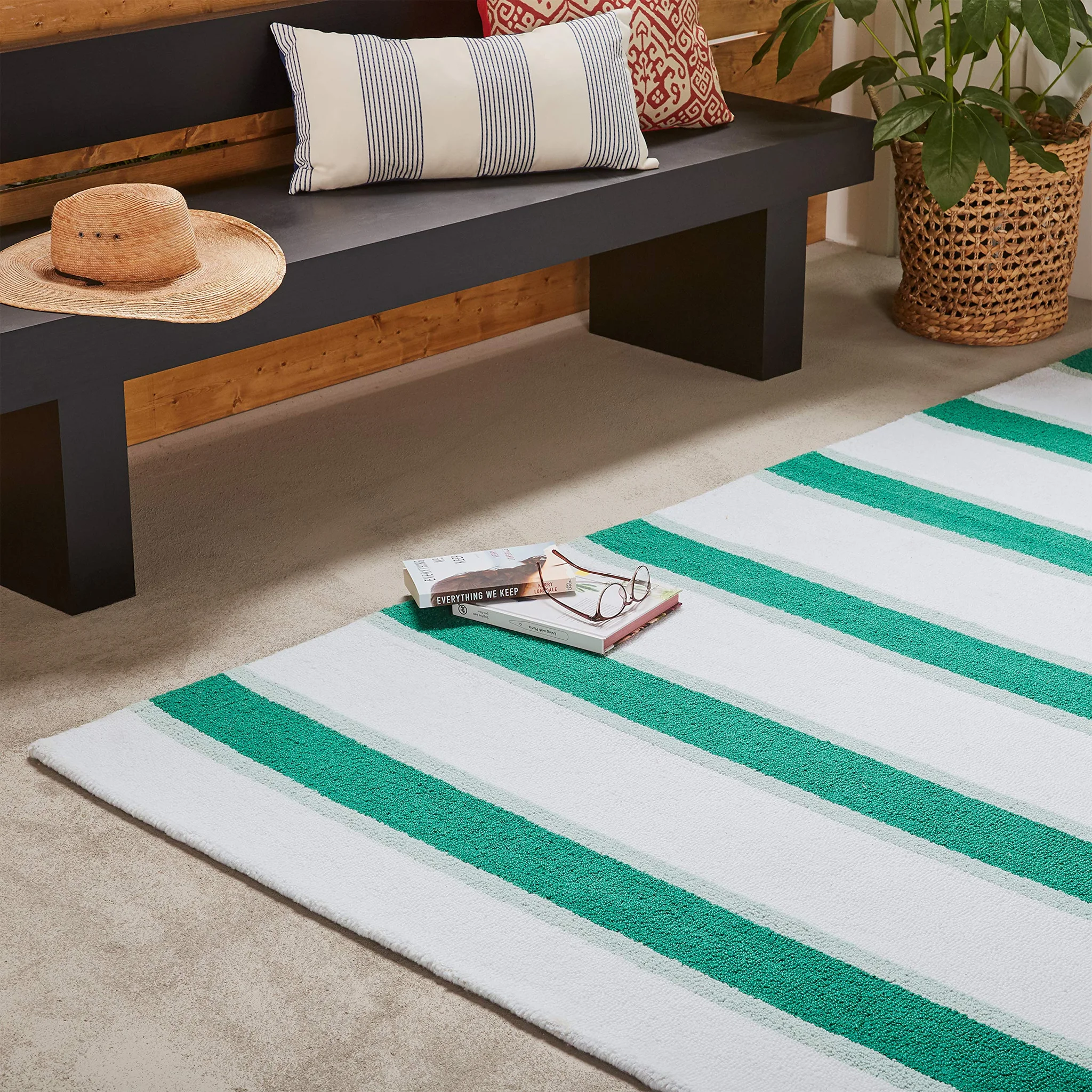 Striped Indoor Outdoor Area Rug – Green & White Contemporary Design