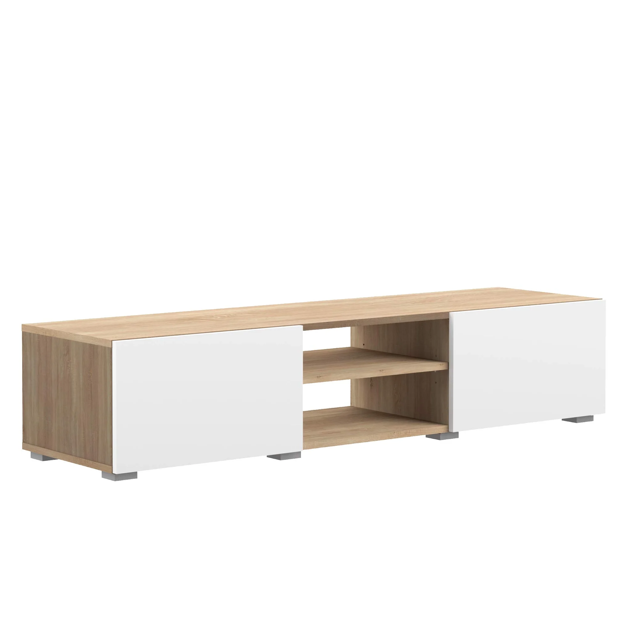 Scandinavian TV Stand with Oak Finish and White Gloss Doors