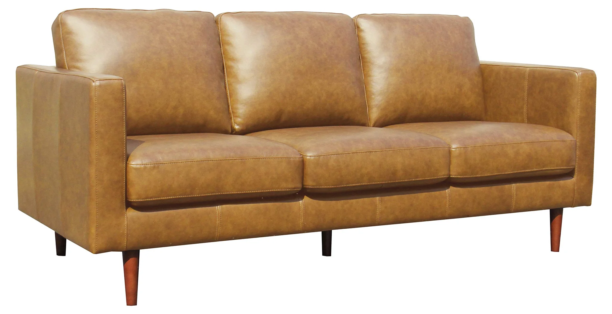 Mid-Century Modern Caramel Leather Three-Seater Sofa