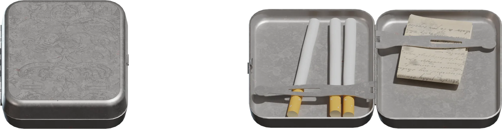 Vintage Ornate Metal Cigarette Case with Cigarettes and Notes, 3D model preview 2