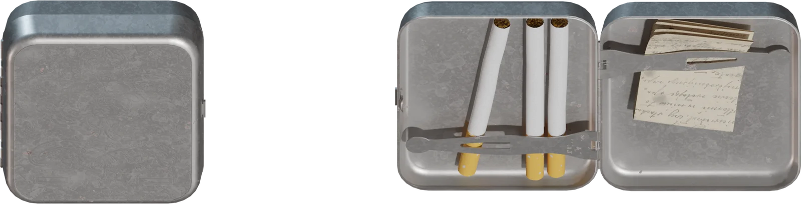 Vintage Ornate Metal Cigarette Case with Cigarettes and Notes, 3D model preview 4