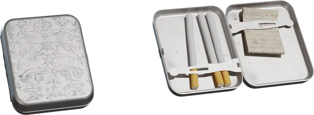 Vintage Ornate Metal Cigarette Case with Cigarettes and Notes, 3D model preview 5
