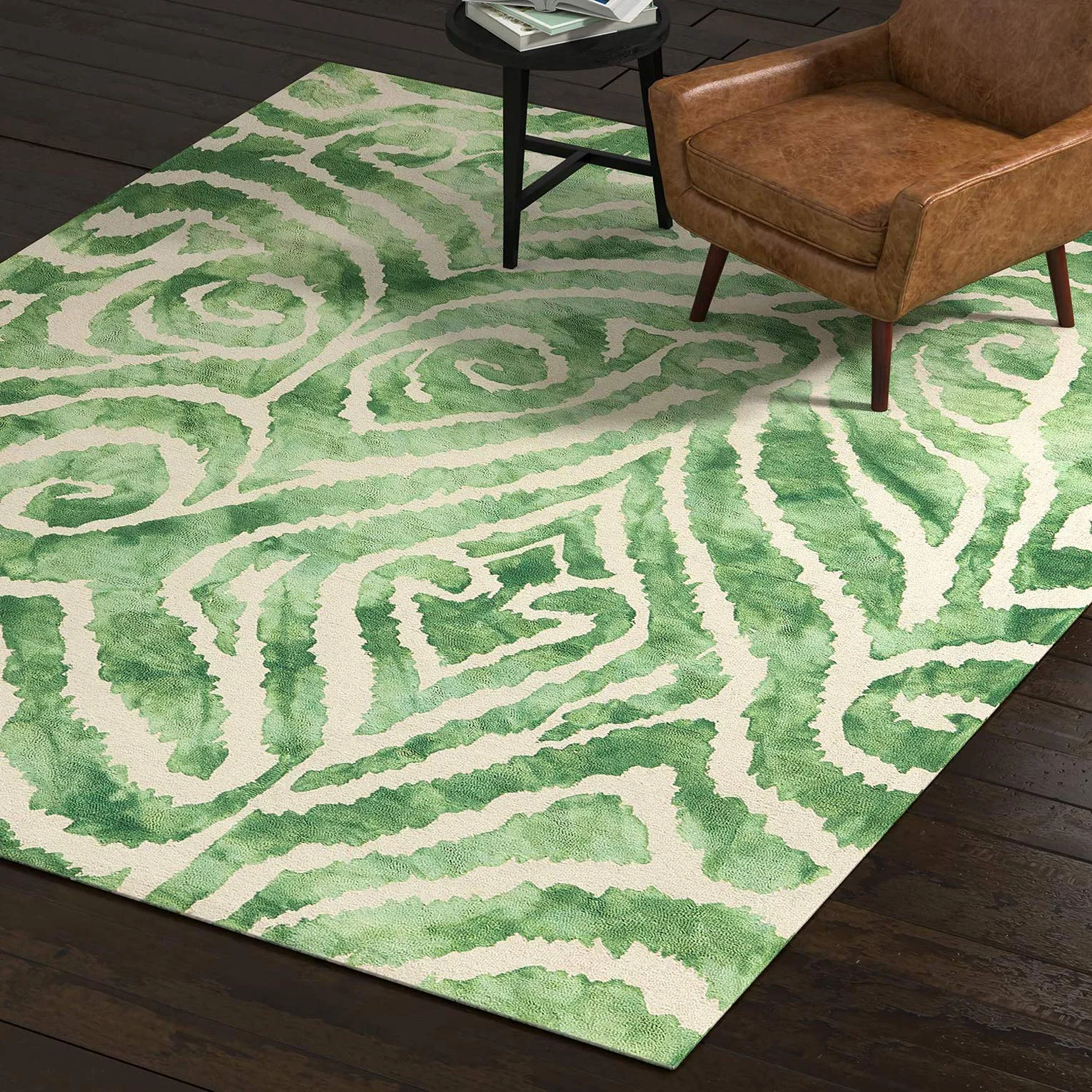 Modern Green Watercolor Swirl Area Rug
