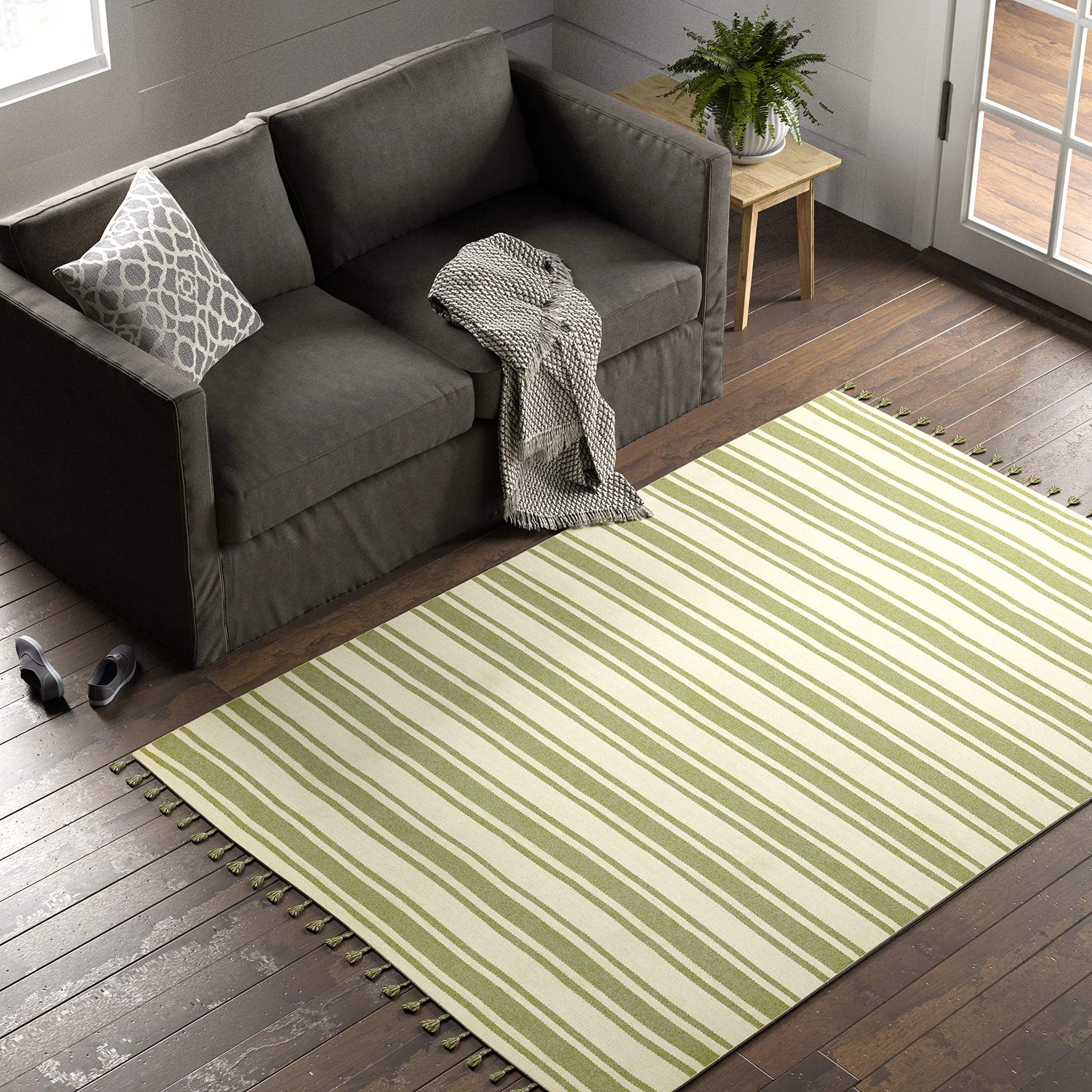 Striped Dhurrie Farmhouse Area Rug – Green and Ivory with Tassel Fringe