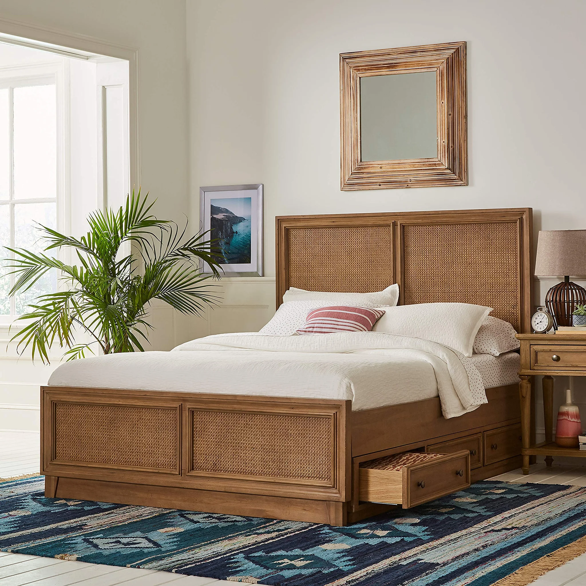 Coastal Rattan Storage Bed with Woven Cane Headboard