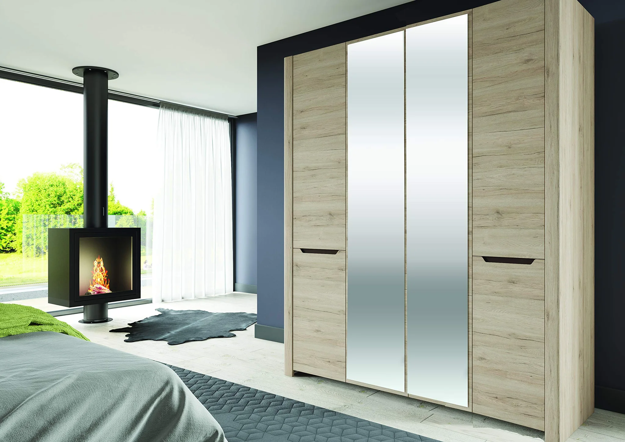 Modern Oak Wardrobe with Mirror Panels – 4-Door Bedroom Closet