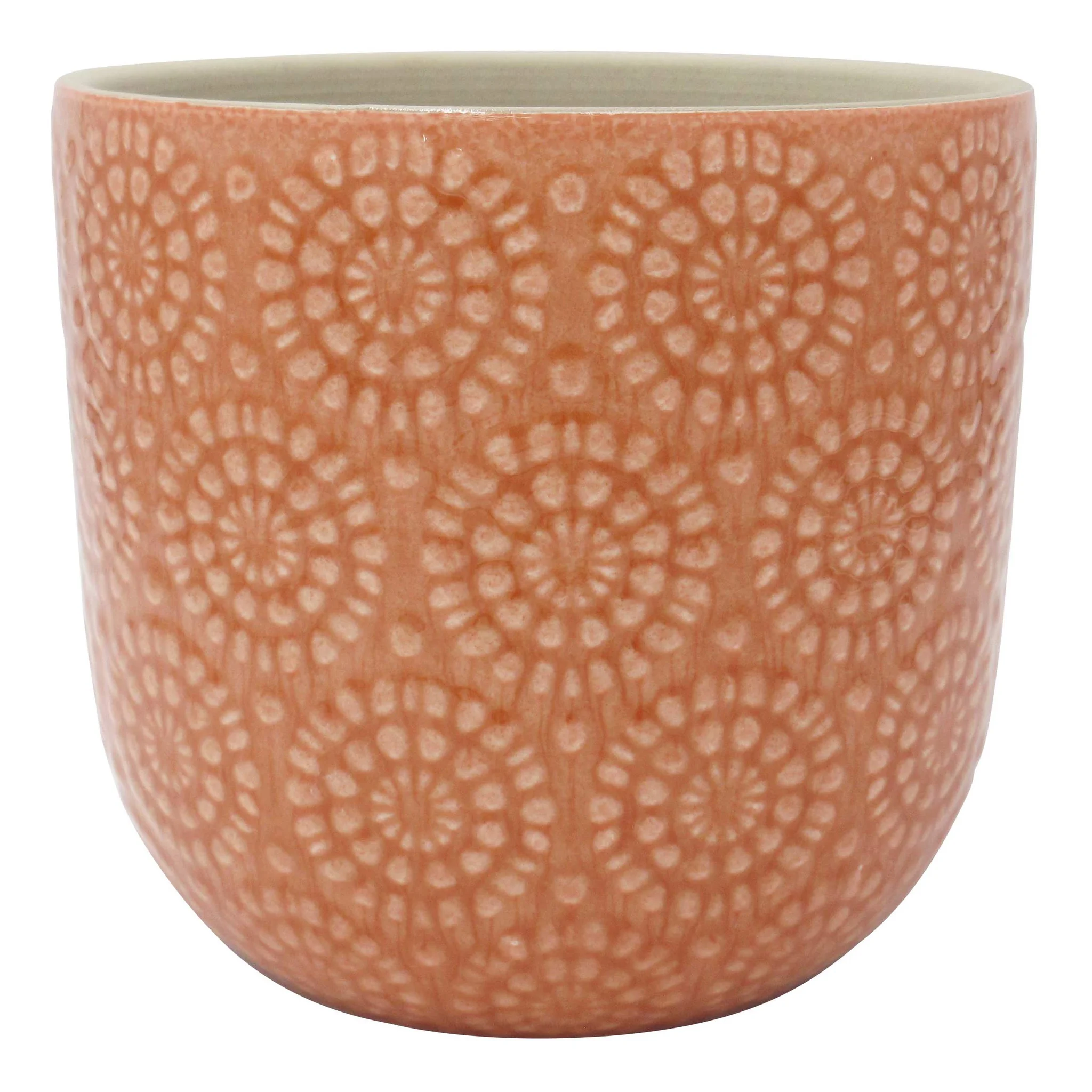 Ceramic Floral Embossed Planter Pot Coral Pink Arabesque