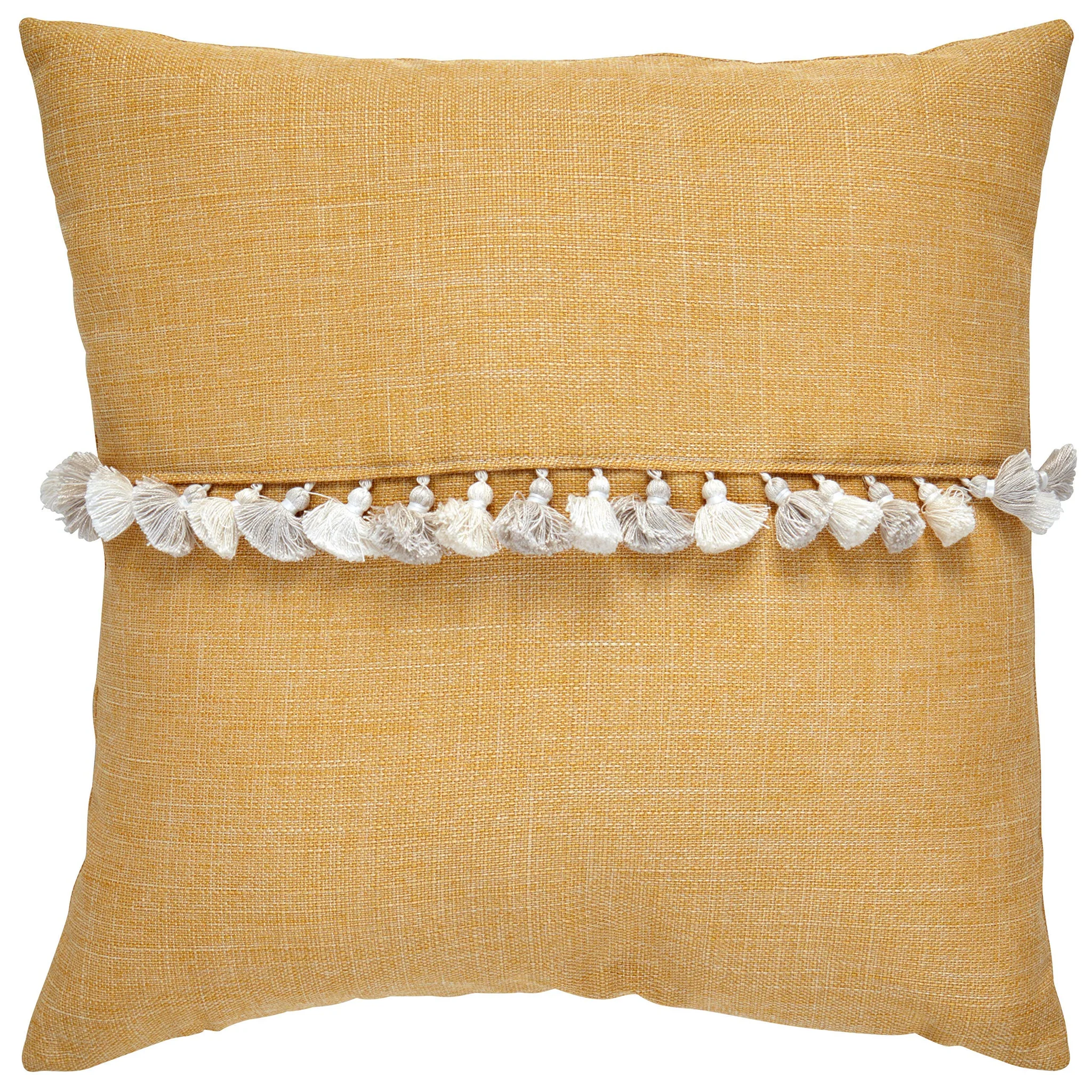 Mustard Yellow Linen Throw Pillow with White Tassels