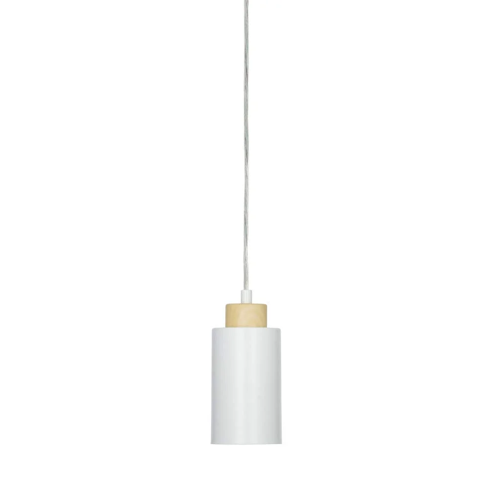 Scandinavian White Metal Pendant Light with Blonde Wood Accent