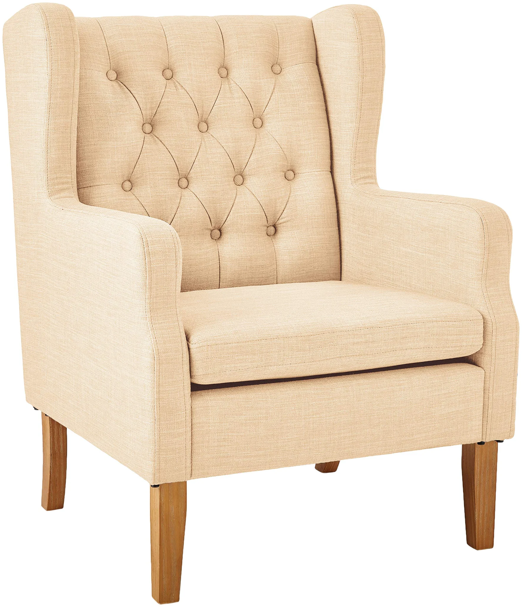 Tufted Wingback Accent Chair – Beige Linen Fabric with Wood Legs