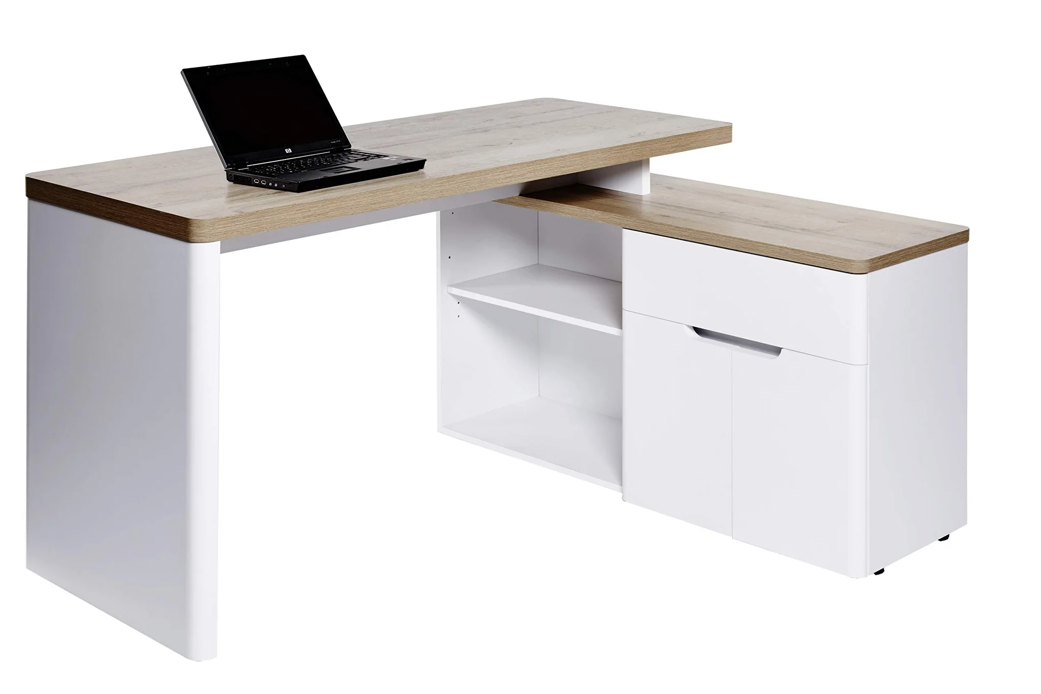 Modern L-Shaped Corner Desk with Storage Cabinet and Oak Wood Top