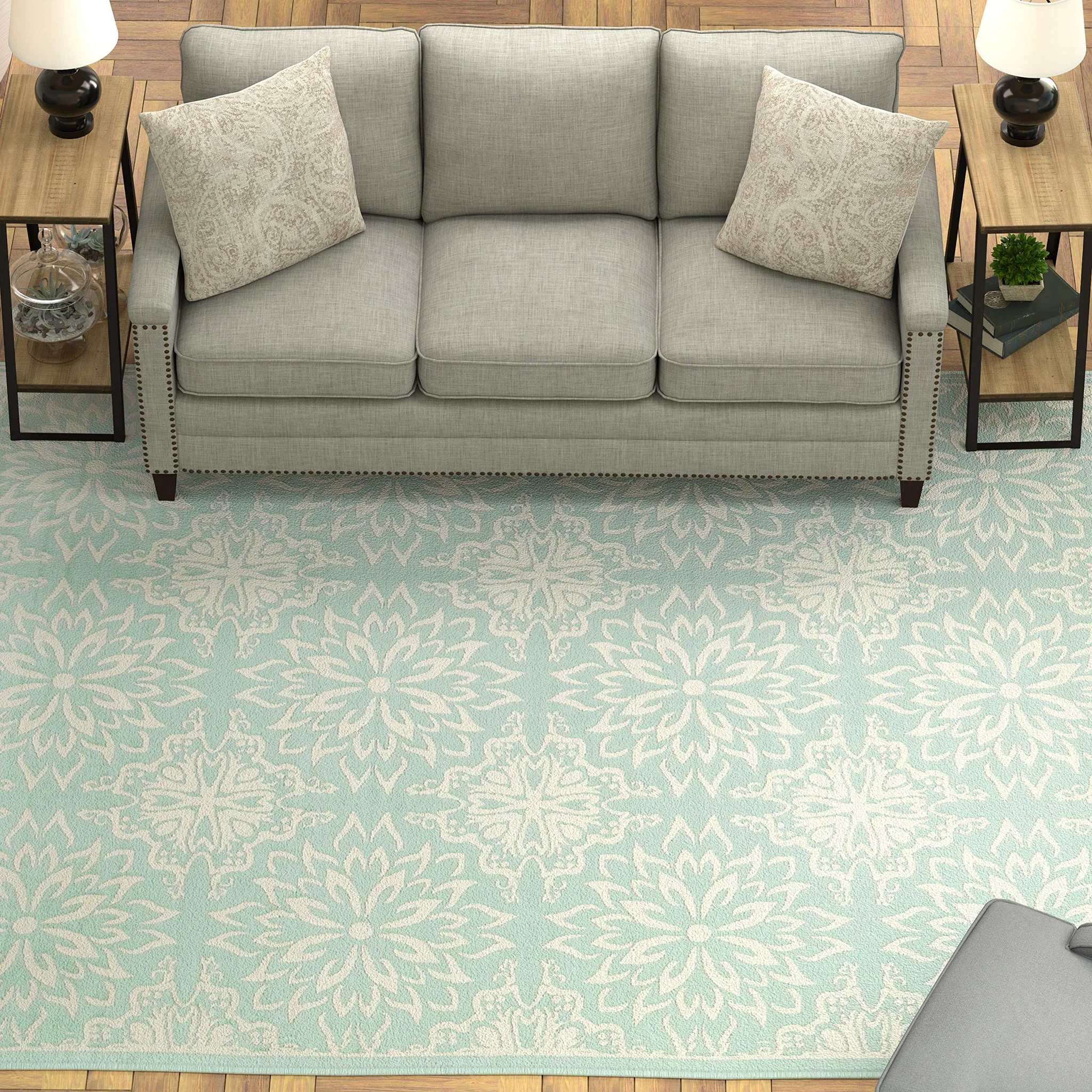 Floral Medallion Area Rug – Pale Aqua & Ivory Tiled Pattern