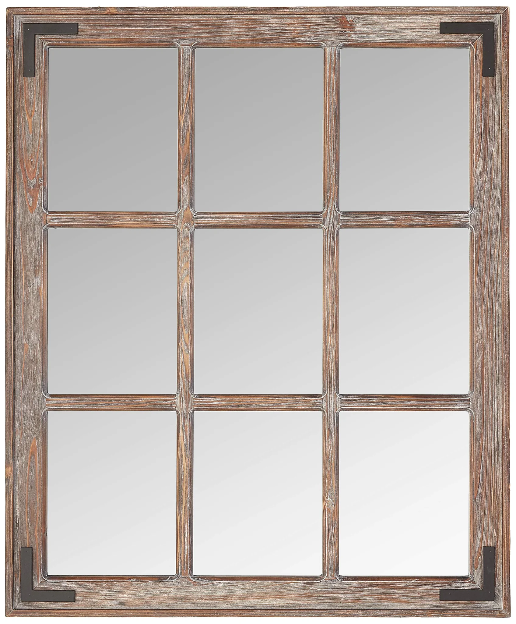 Rustic Farmhouse 9-Grid Wooden Wall Mirror with Metal Corner Brackets