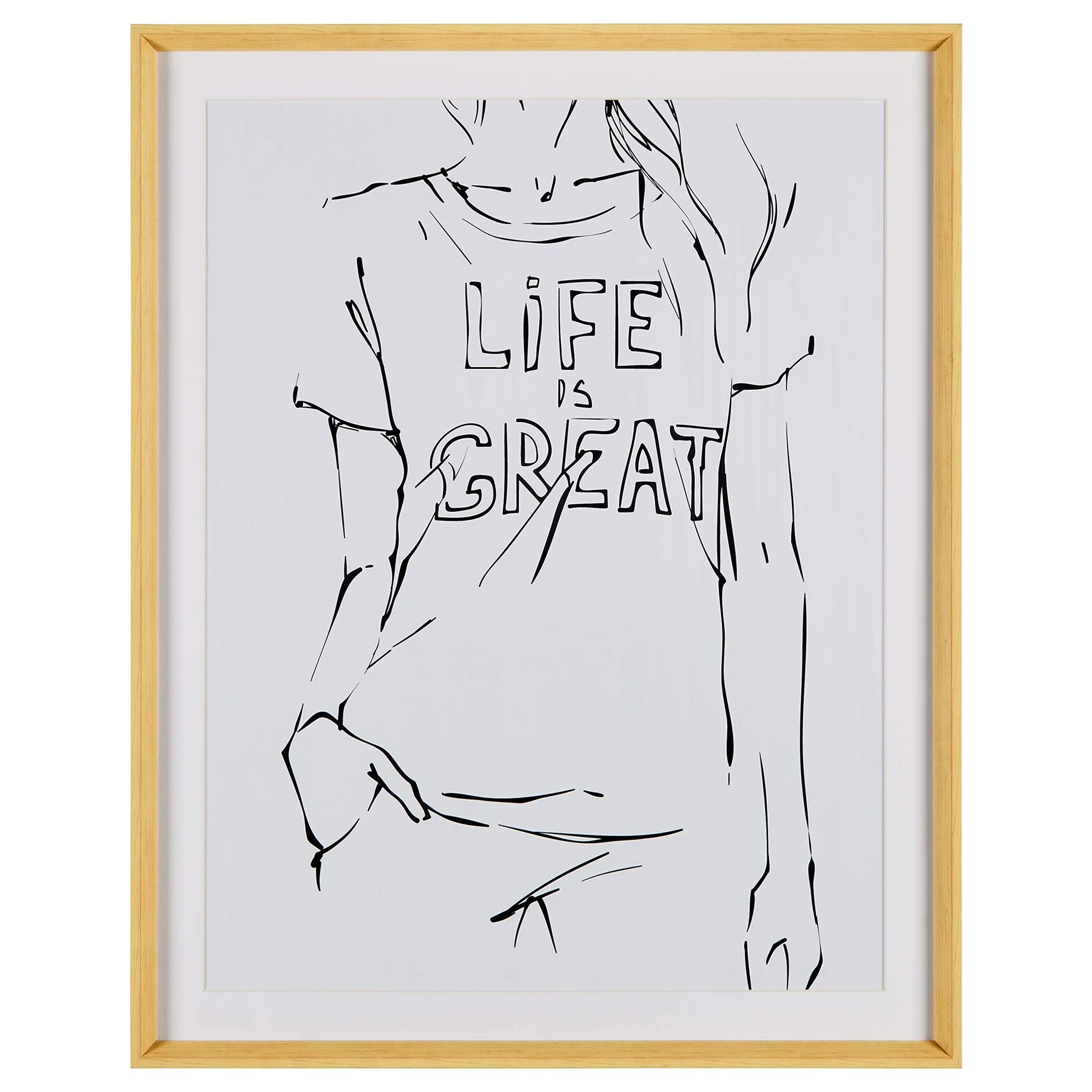 Framed Sketch Wall Art - Life Is Great Typography Print with Maple Frame