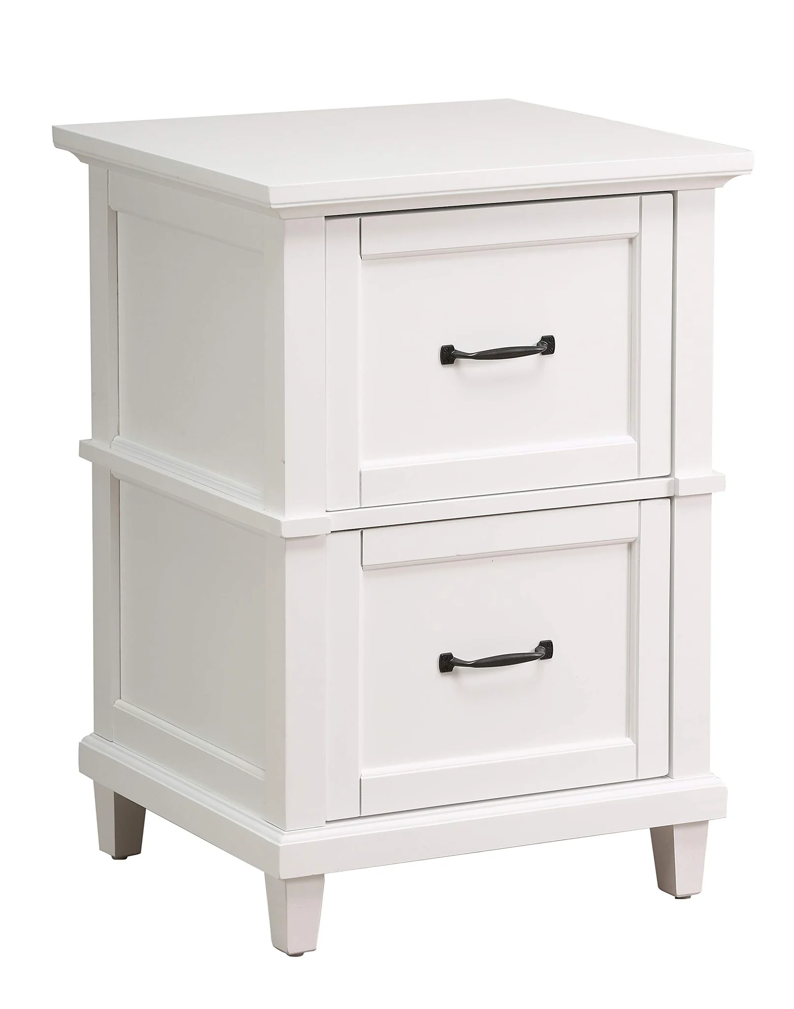White Two-Drawer Filing Cabinet with Dark Metal Handles