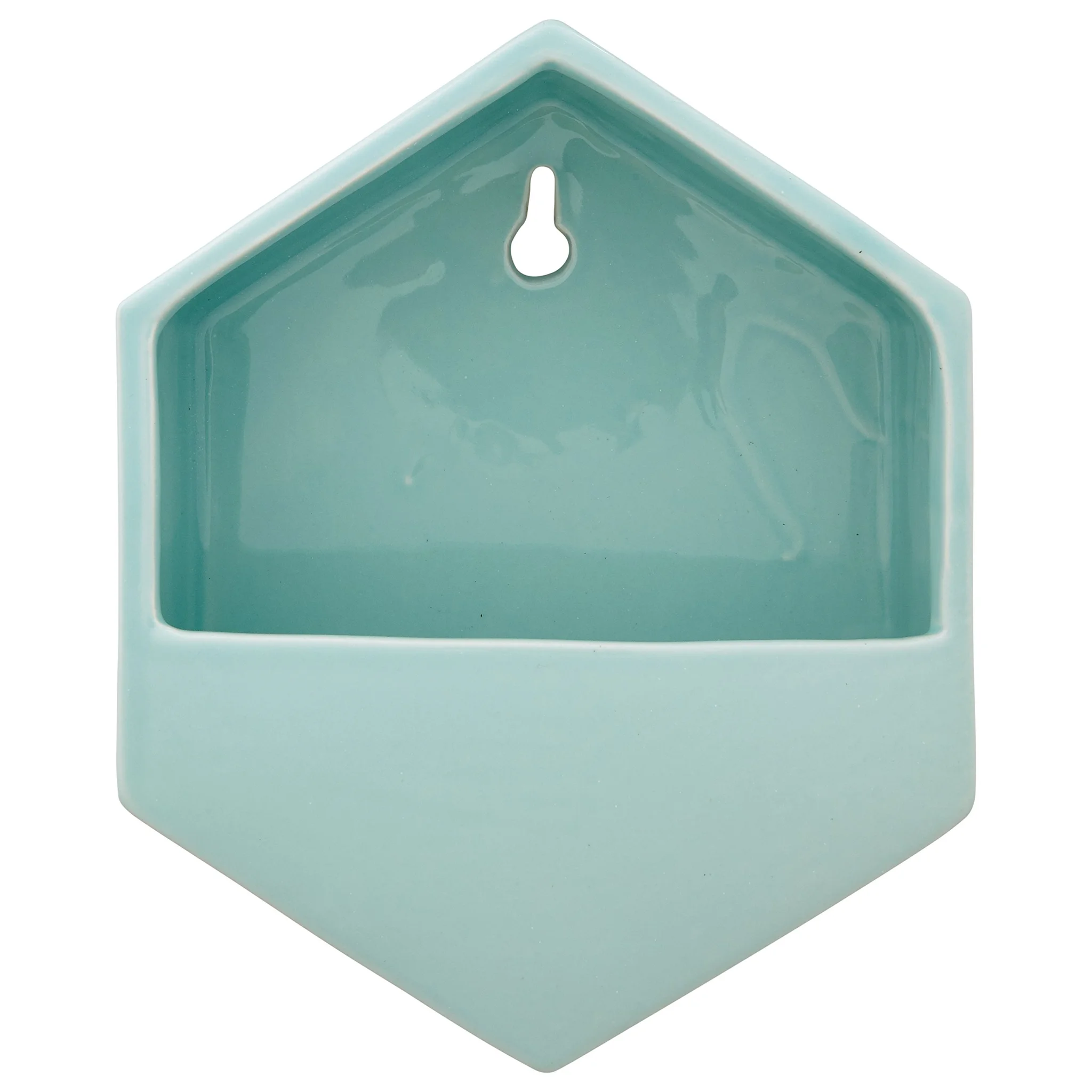 Hexagonal Wall Mount Ceramic Planter – Aqua Glazed Earthenware