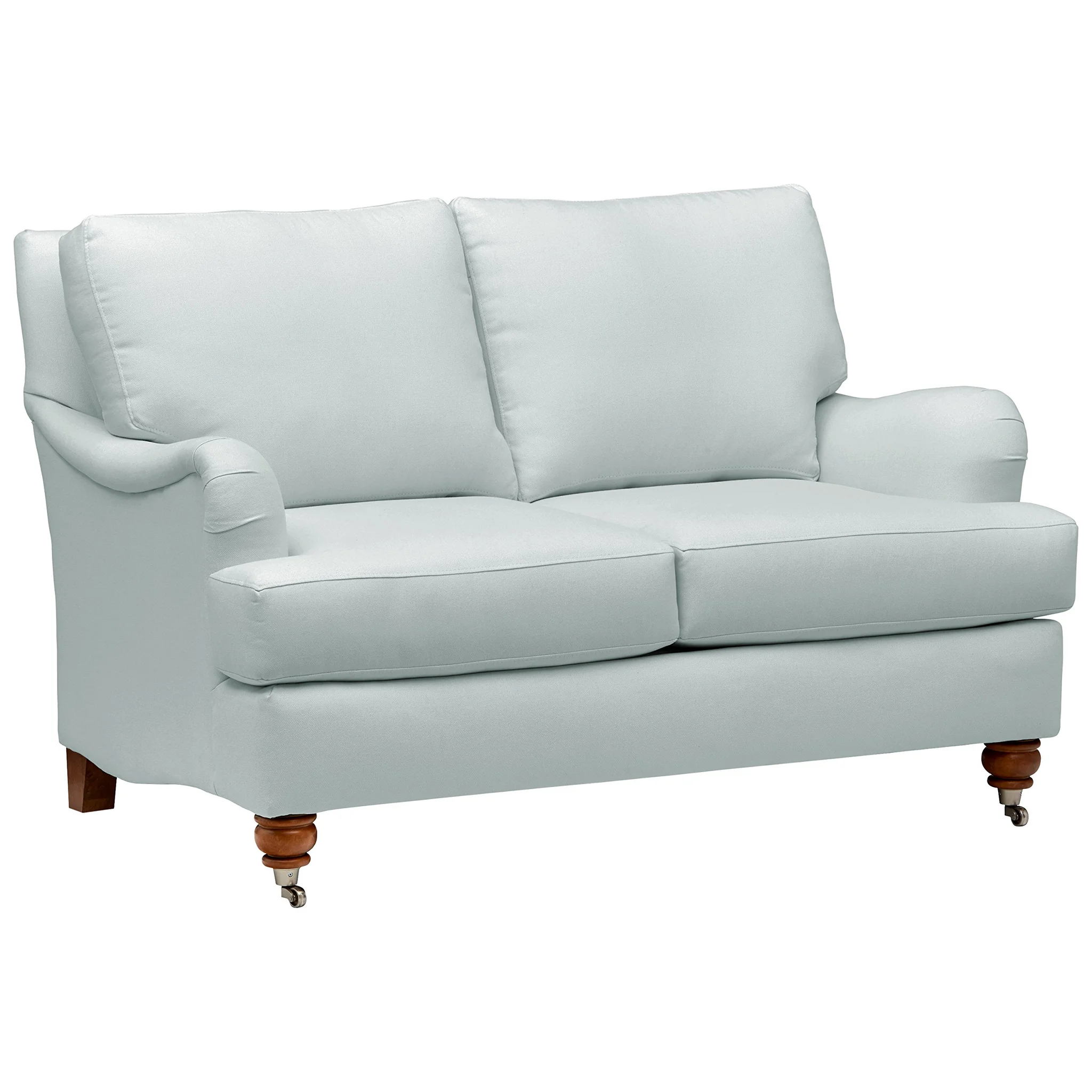 Farmhouse Charles of London Loveseat – Light Blue Fabric with Wooden Legs