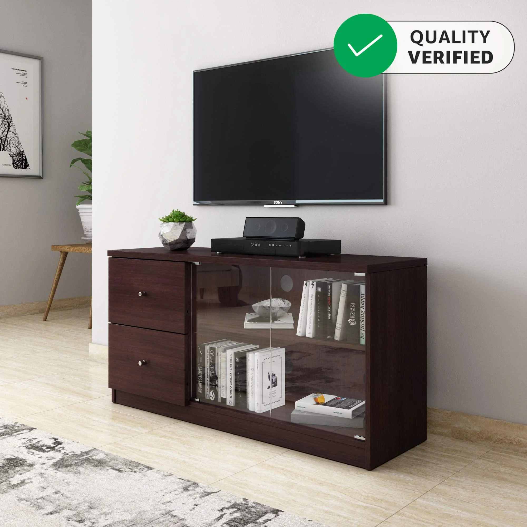 Espresso Wood TV Cabinet with Drawers and Glass Doors