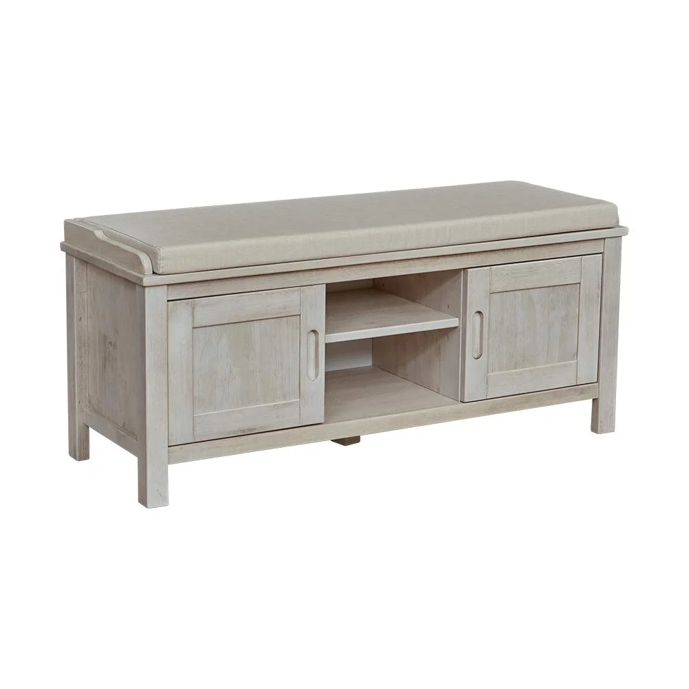 White Wash Pine Storage Bench with Cushion and Cabinet Doors
