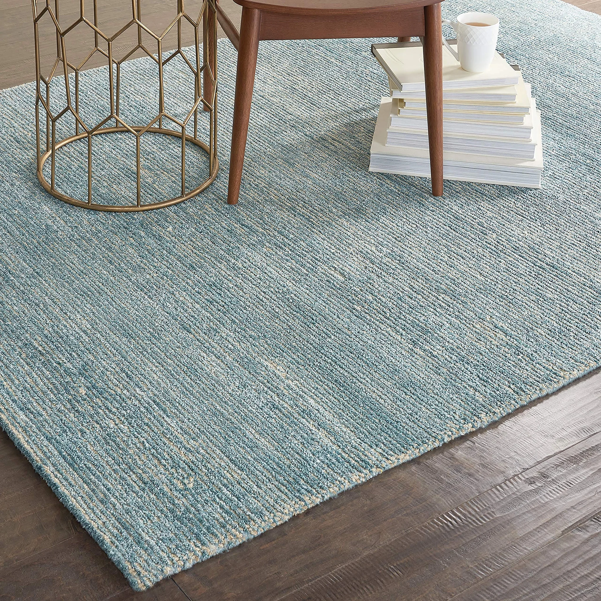 Contemporary Striated Jute Area Rug – Seafoam Blue
