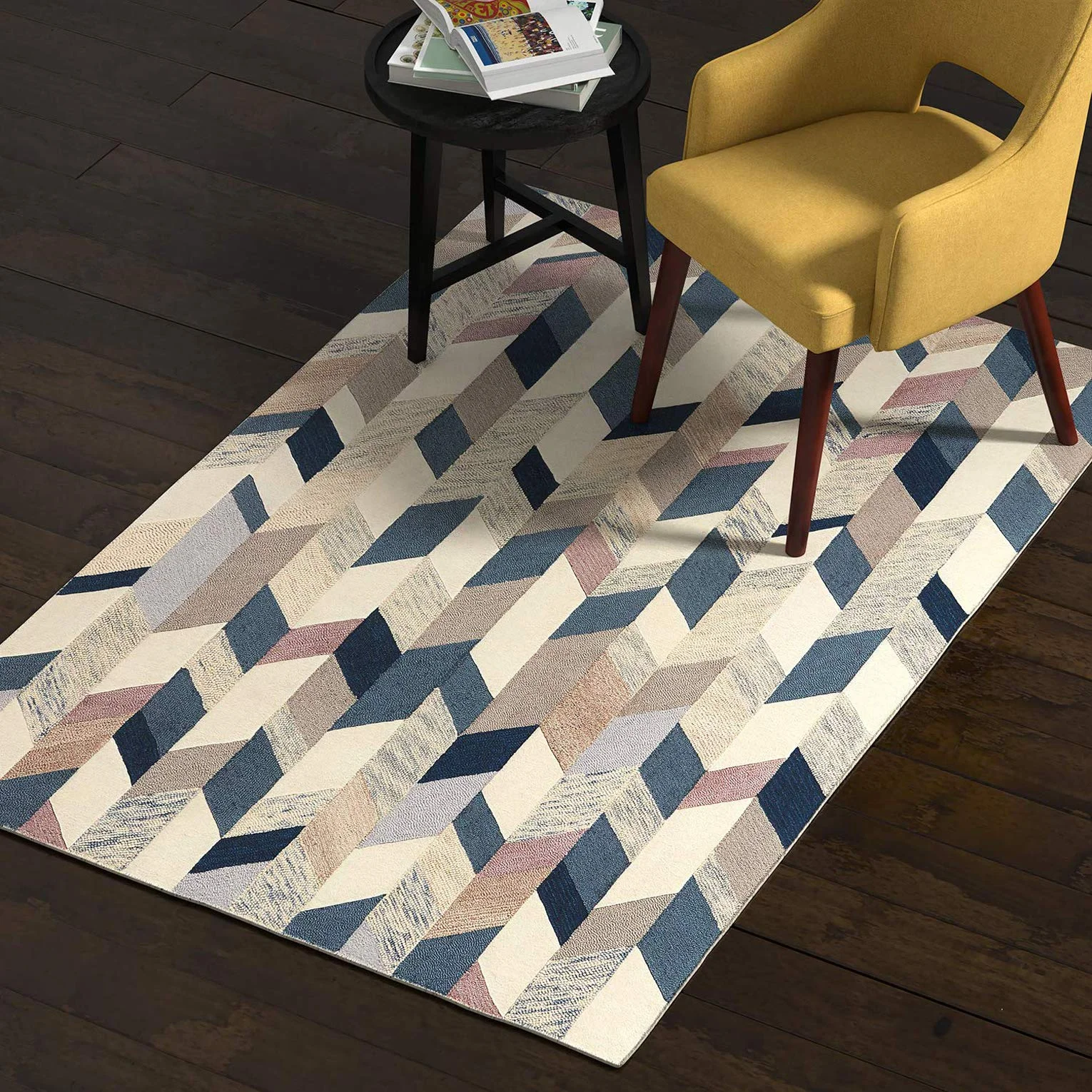 Modern Geometric Chevron Wool Area Rug – Blue, Grey & Pink