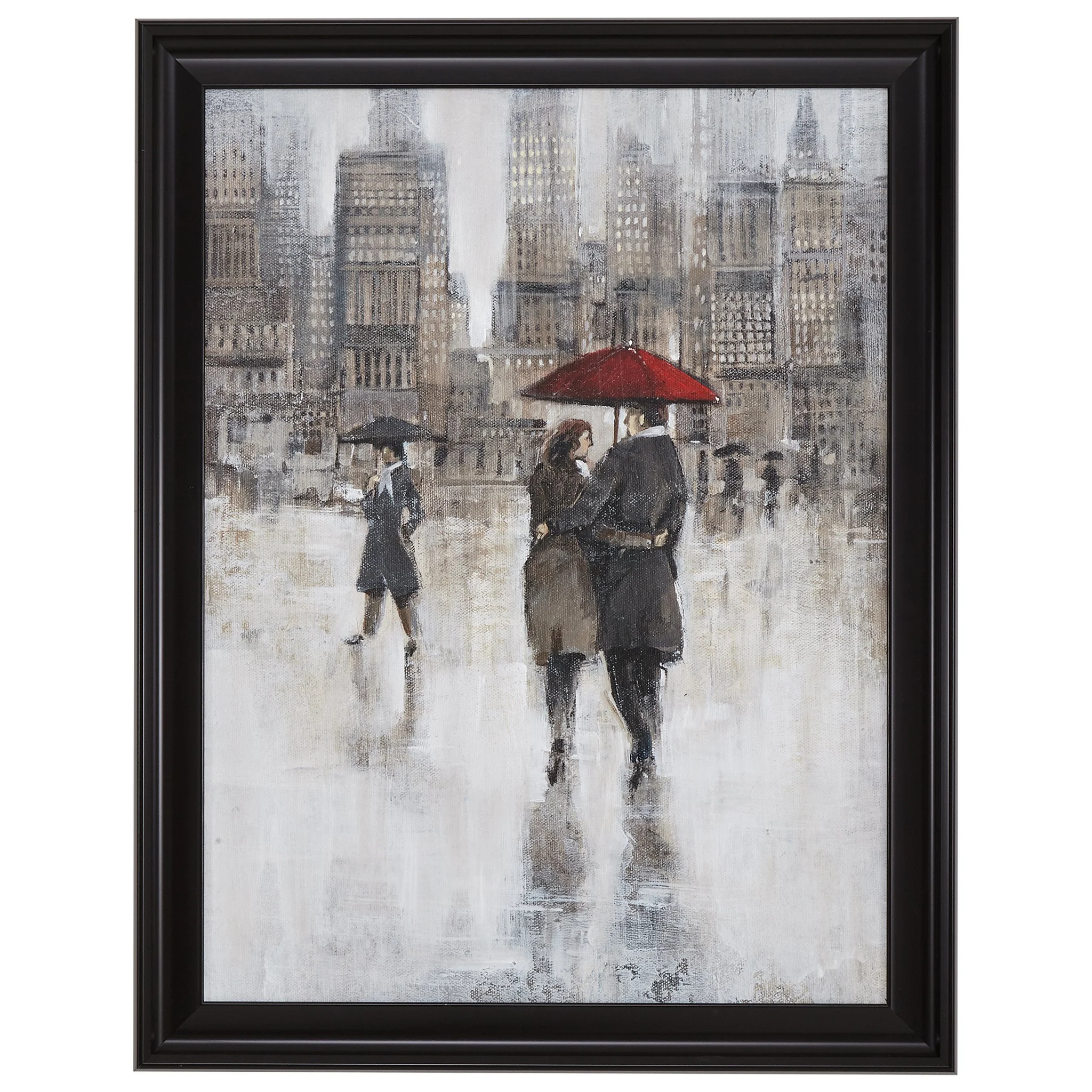 Framed Rainy City Couple with Red Umbrella Wall Art Print