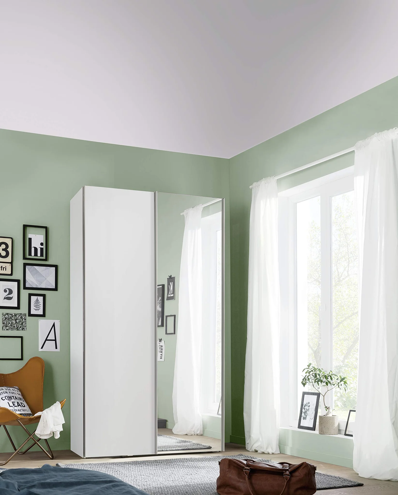 Modern White Sliding Door Wardrobe with Mirror Panel
