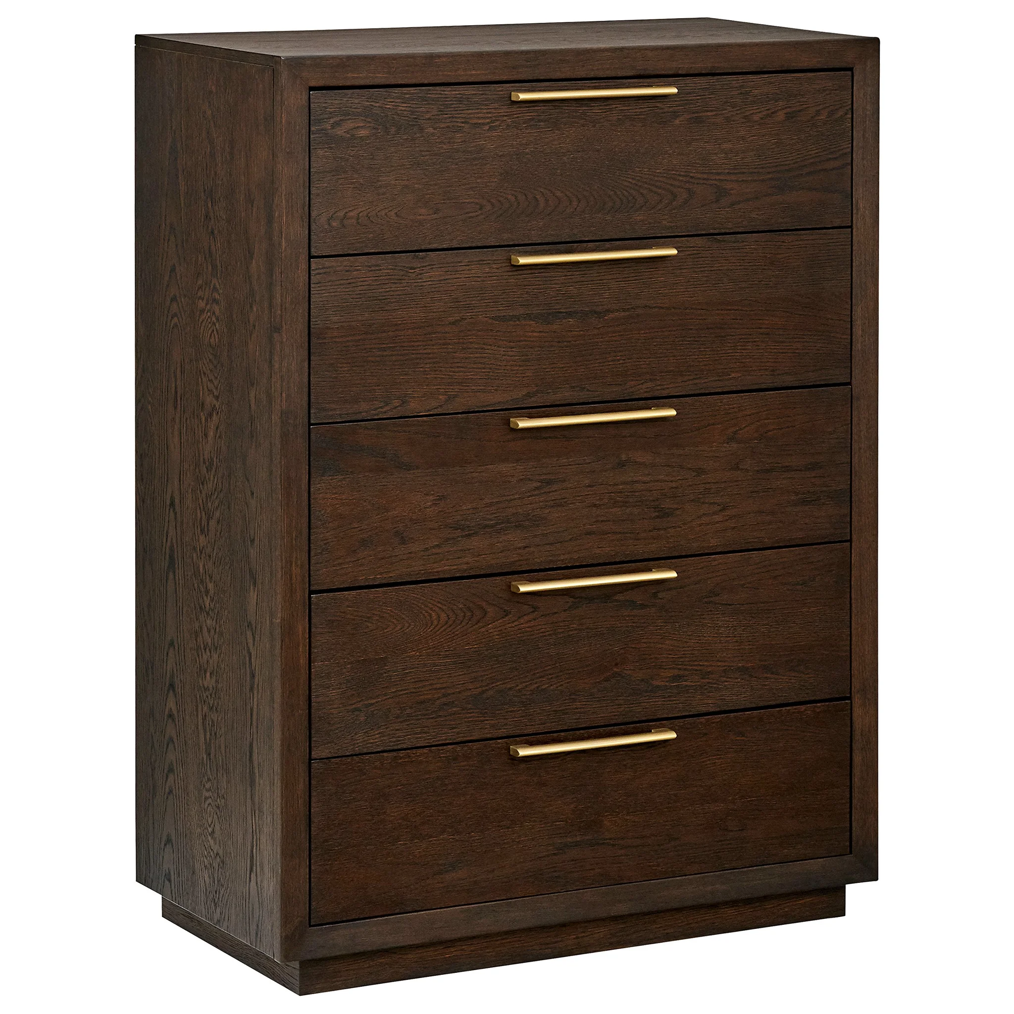 Mid-Century Dark Oak 5-Drawer Chest Dresser with Brass Pulls