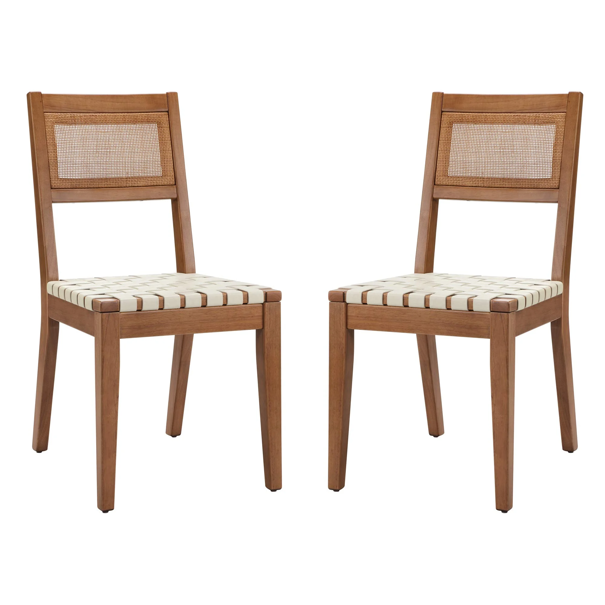 Mid-Century Cane Back Dining Chair with Woven Vegan Leather Seat – Set of 2