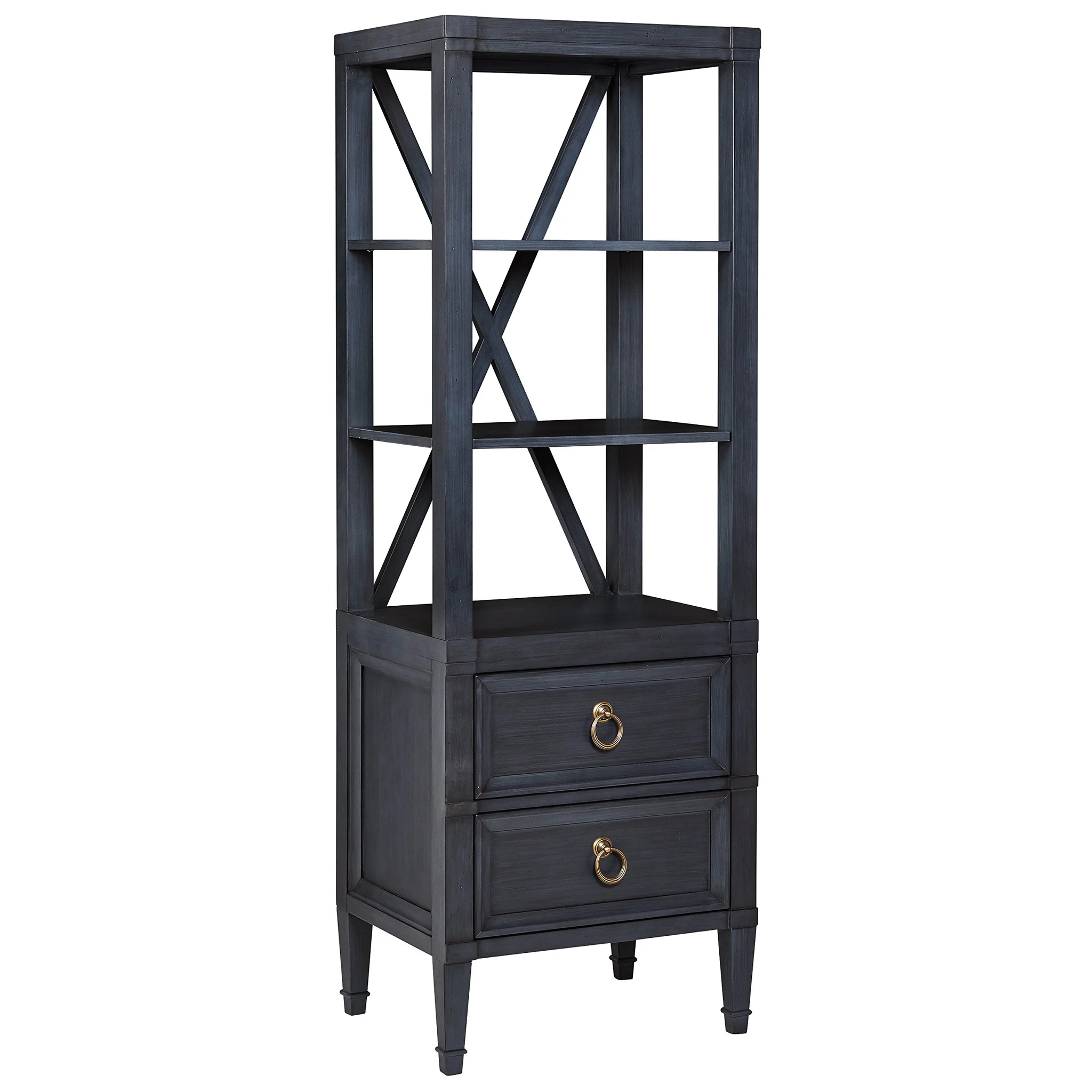 Navy Wood Bookcase with Drawers and X-Back Shelving Unit