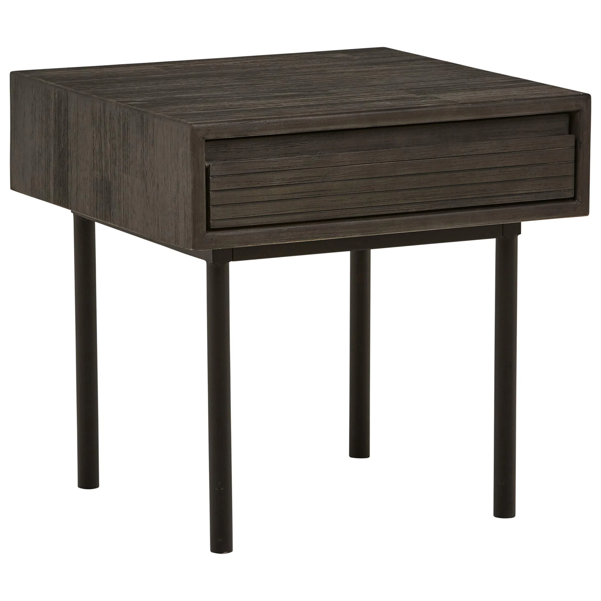 Modern Industrial End Table with Drawer – Brushed Gray Wood & Metal Legs