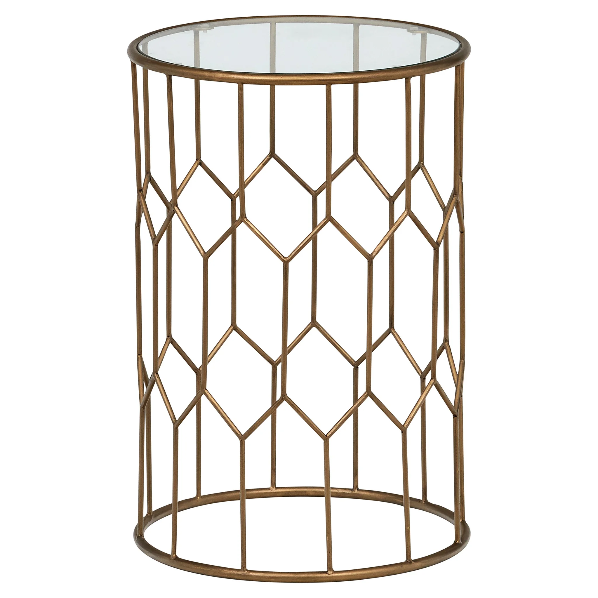 Geometric Gold Metal Side Table with Glass Top
