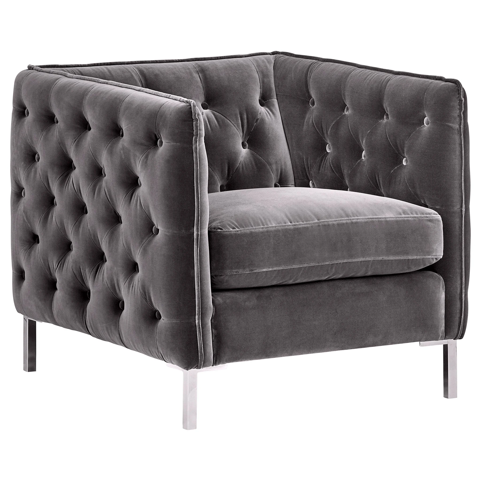 Grey Velvet Tufted Accent Armchair with Chrome Legs