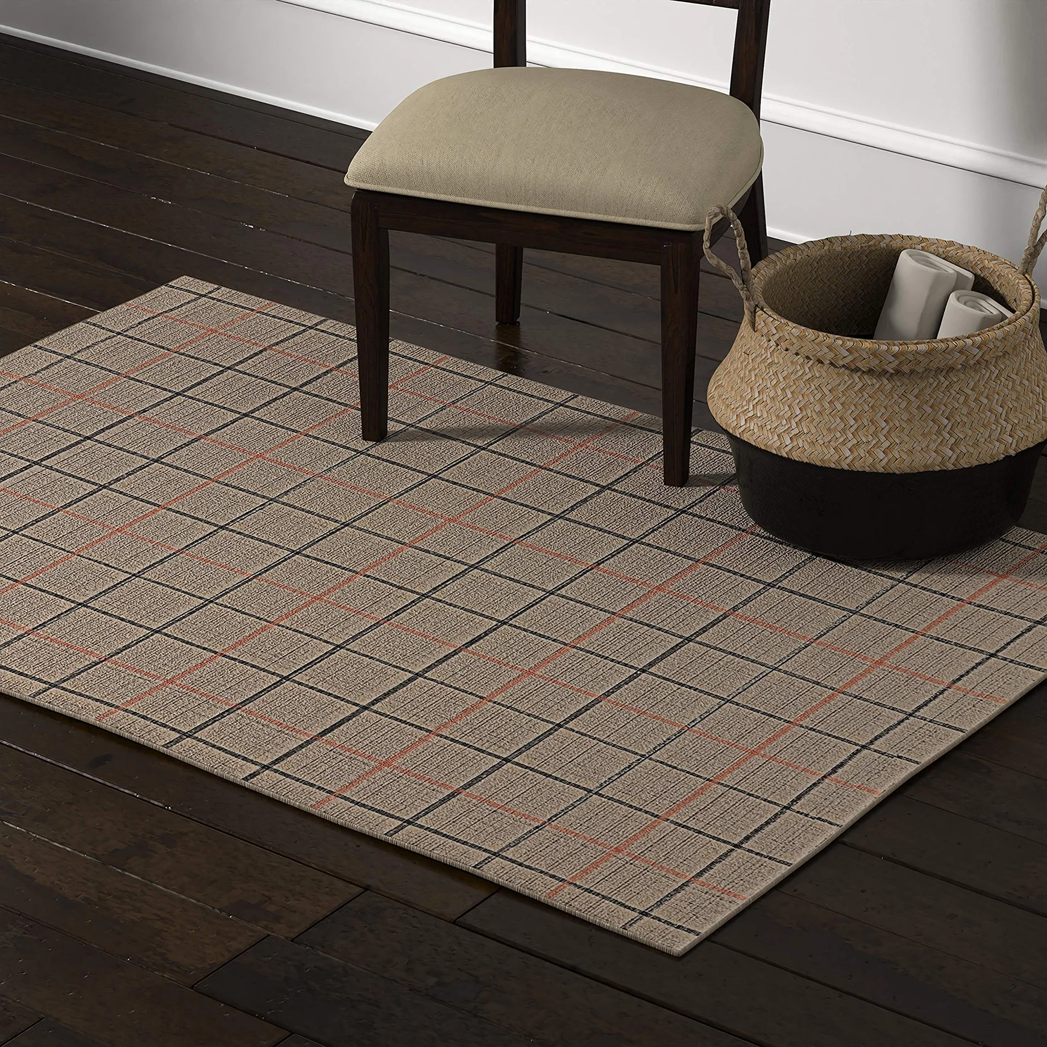Casual Plaid Flatweave Area Rug - Grey with Red Accents